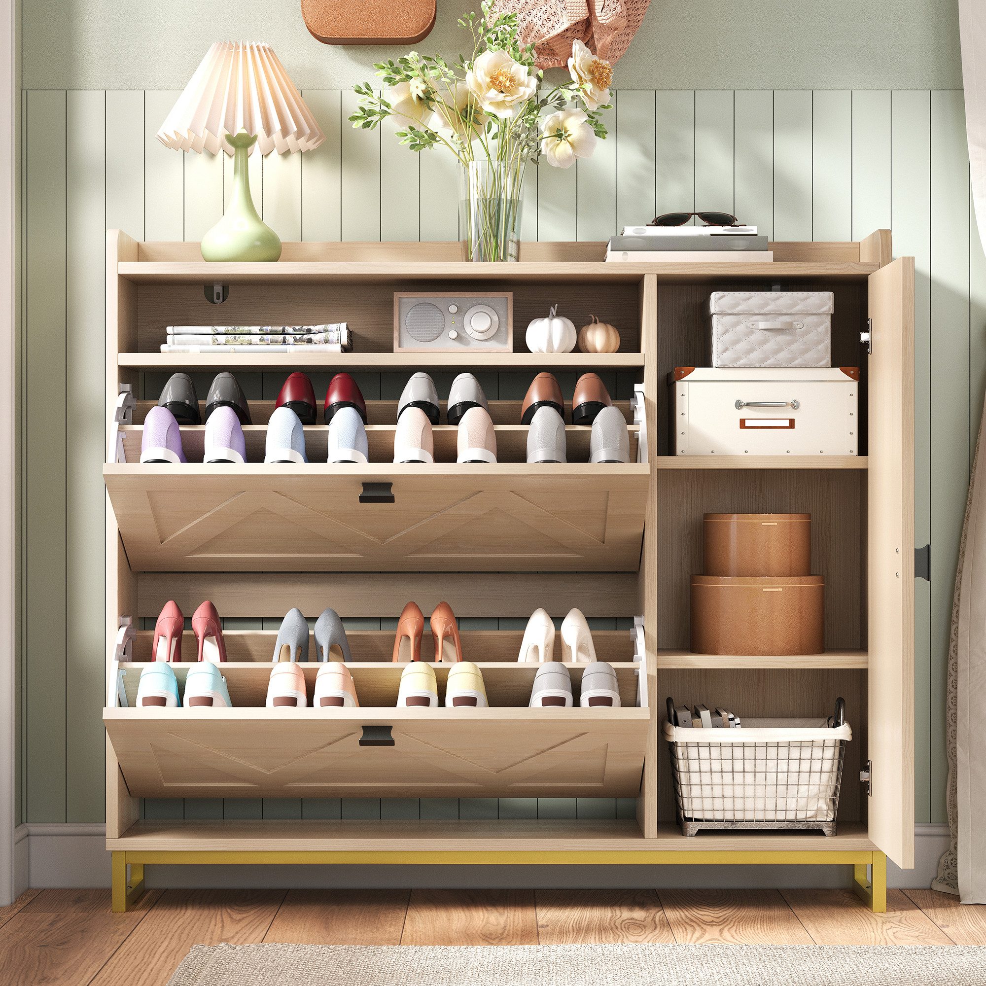 OKWISH Schuhschrank 110x100x24 cm mit Klappdeckeln und Seitenschrank (Packung, 1-St., Geometrisch geprägte Türen, offenes Oberfach) Metallgestell, Aufbewahrung für den Eingangsbereich
