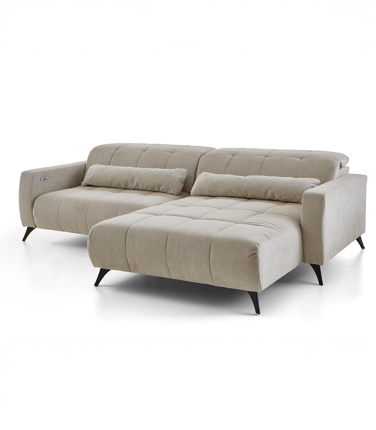 Iwaniccy Ecksofa NIL, Taupe, Feincord, 2 Kopfteilverstellungen, elektrische Sitztiefenverstellung, B 277 x H 108 x T 203 cm