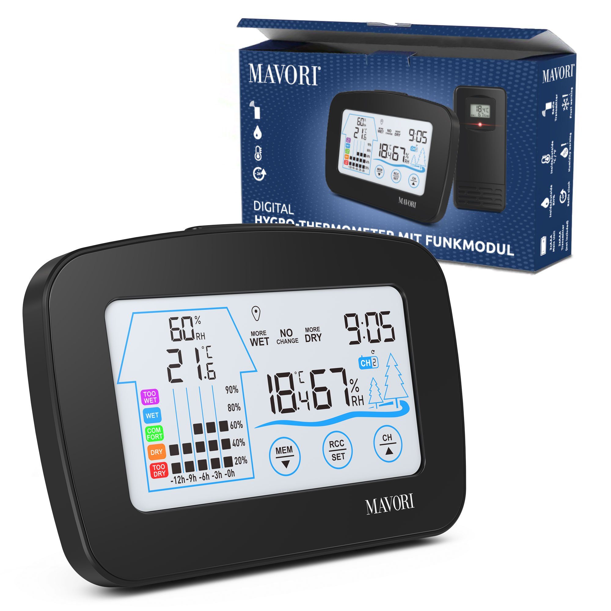 MAVORI Funk Hygro-Thermometer mit Außensensor – präzise und dekorativ  Funkwetterstation (Funk Außensensor, Funkuhr)