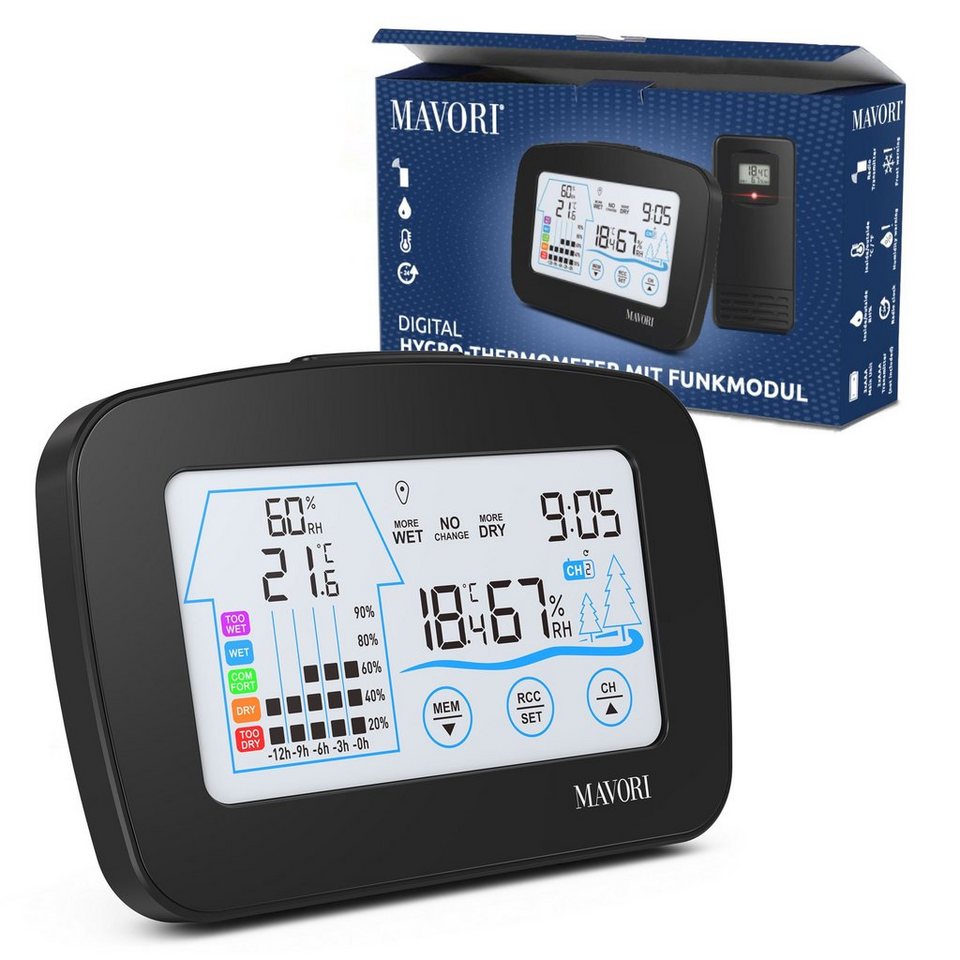 MAVORI Wetterstation Funk mit Außensensor – Hygrometer mit Thermometer  Funkwetterstation (Funk Wetterstation Innen und Außensensor - mit  integrierter Funkuhr)