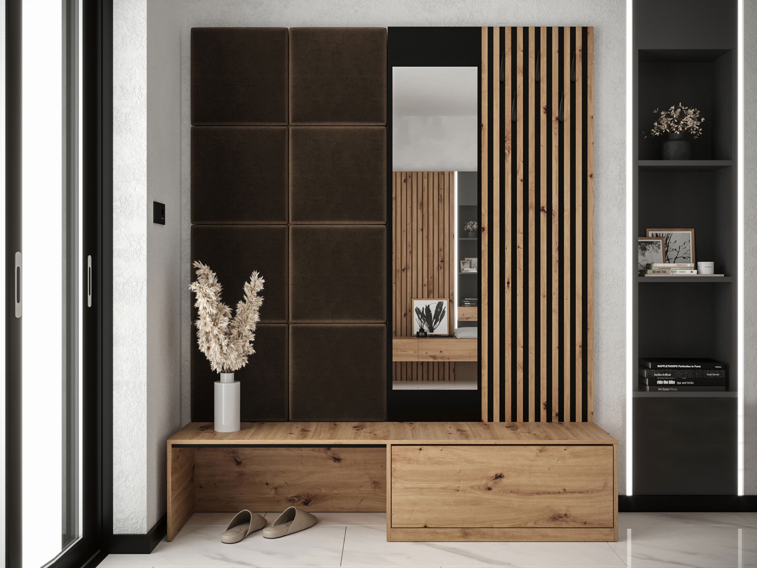 MIRJAN24 Garderoben-Set Premium, (Komplett-Set, Schuhschrank, Spiegel, Lamellen mit Kleiderhaken + Paneel 42x42), Griffloses Öffnungssystem