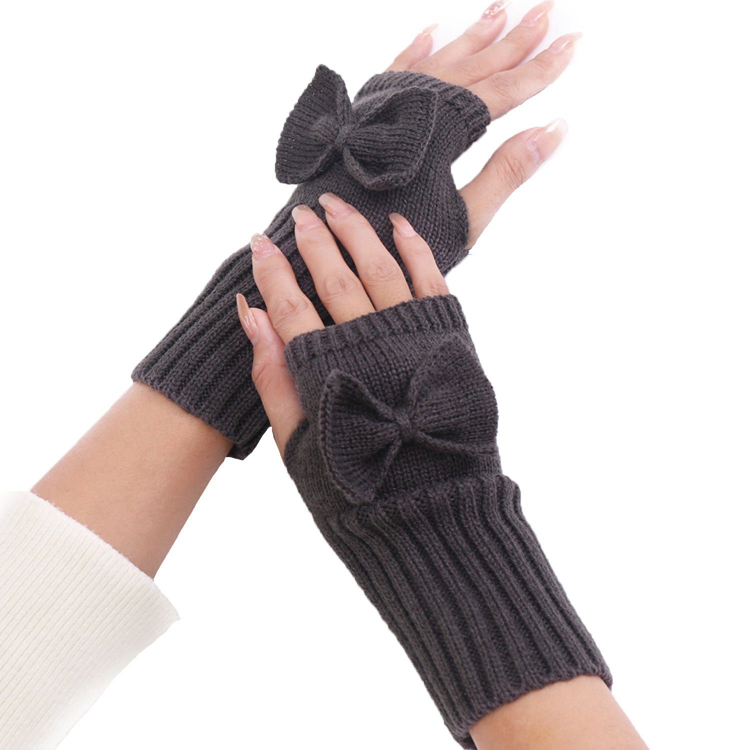 MAGICSHE Strickhandschuhe Handschuhe Damen Dunkelgrau mit Gestrickte Fingerlose Schleife