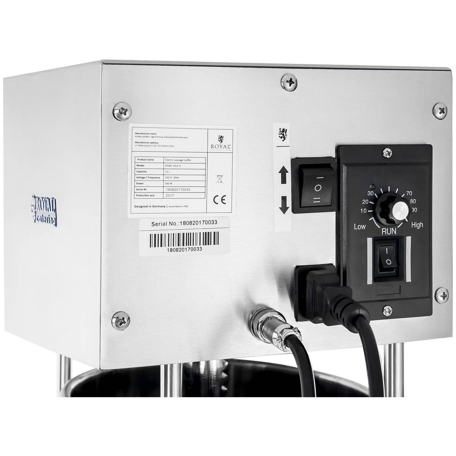 Royal Catering Wurstfüllaufsatz 15 L Wurstfüller elektrisch Wurstmaschine Edelstahl Wurstpresse 260 W