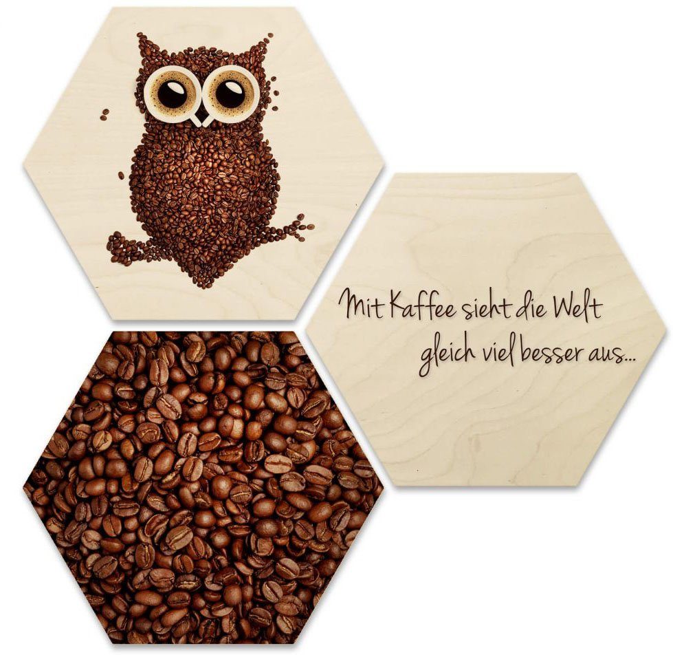 3 (Set, Eule Wall-Art Mehrteilige Collage Kaffee Bilder St) Holzdeko,