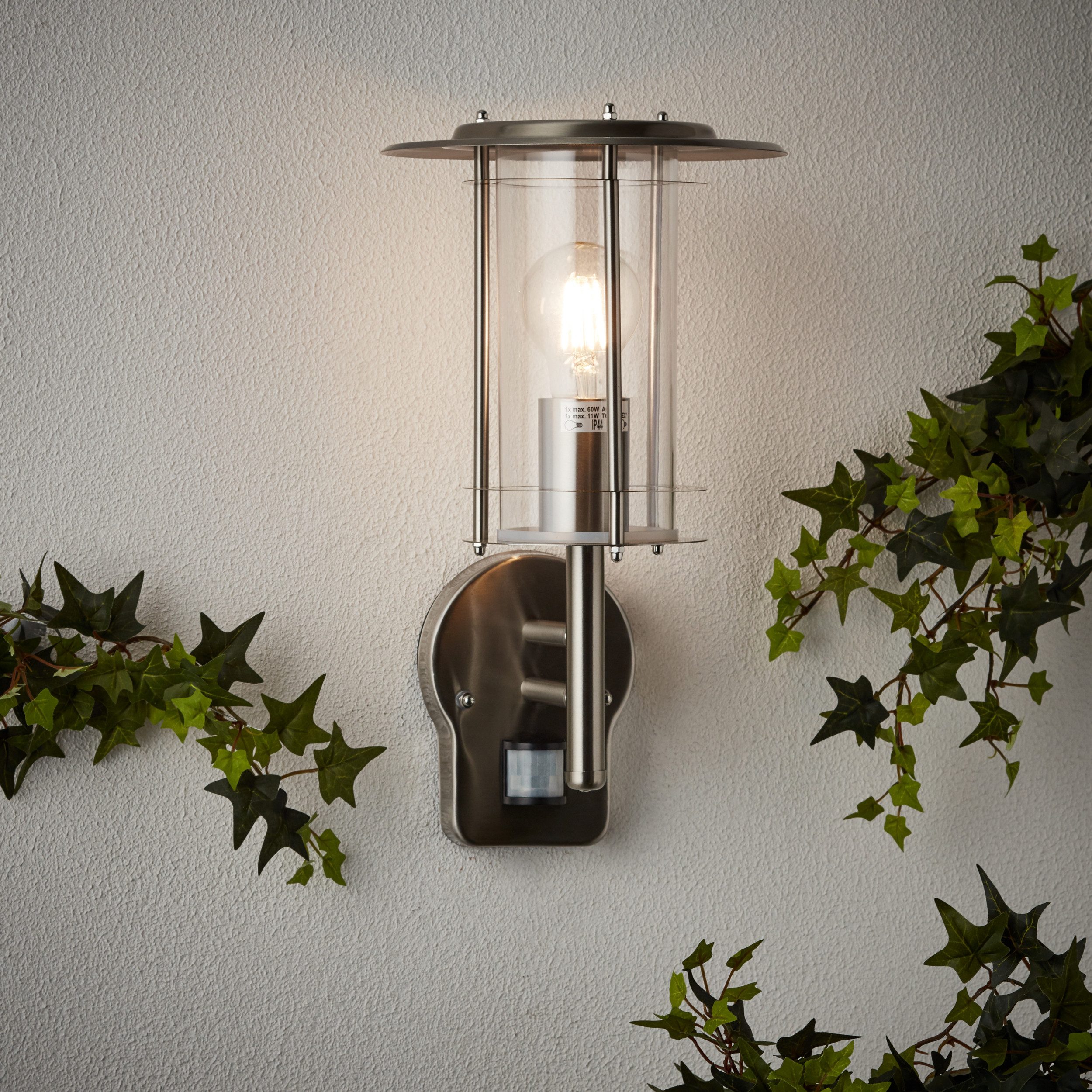 Lightbox Wandleuchte, Bewegungsmelder, ohne Leuchtmittel, Außen Wandlampe, Bewegungsmelder, 36 cm Höhe, Ø 20 cm, E27, max. 40 W