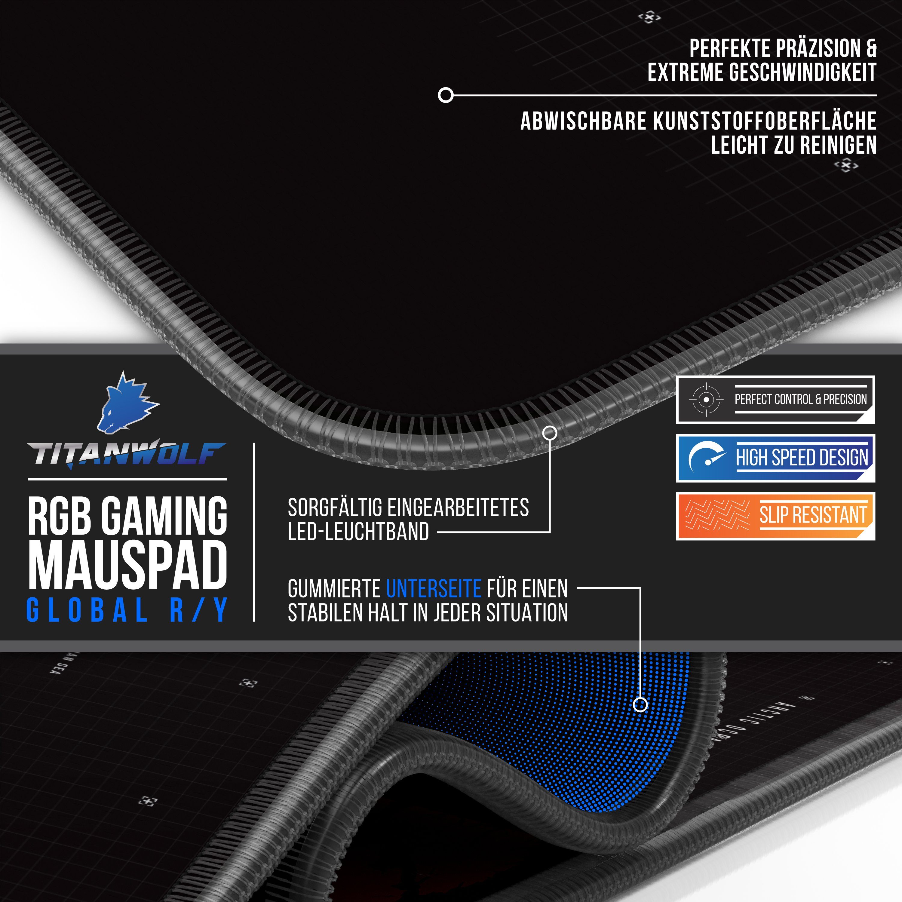 Titanwolf Gaming Mauspad RGB Mousepad 800 x 300 x 3 mm, LED Multi Color XL Tischunterlage, rutschfest, abwaschbar, Geschwindigkeit & Präzision, Weltkarte rot