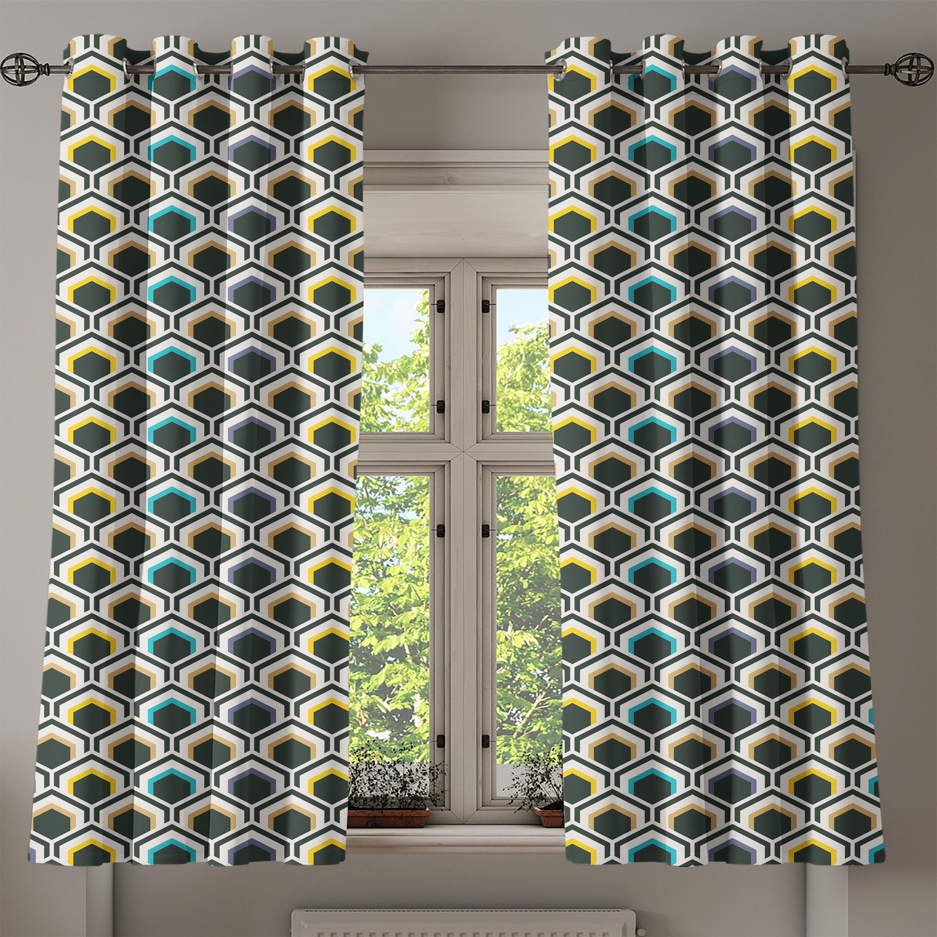 Overlapping Wohnzimmer, Gardine Schlafzimmer 2-Panel-Fenstervorhänge Geometrisch für Hexagonal Abakuhaus, Dekorative
