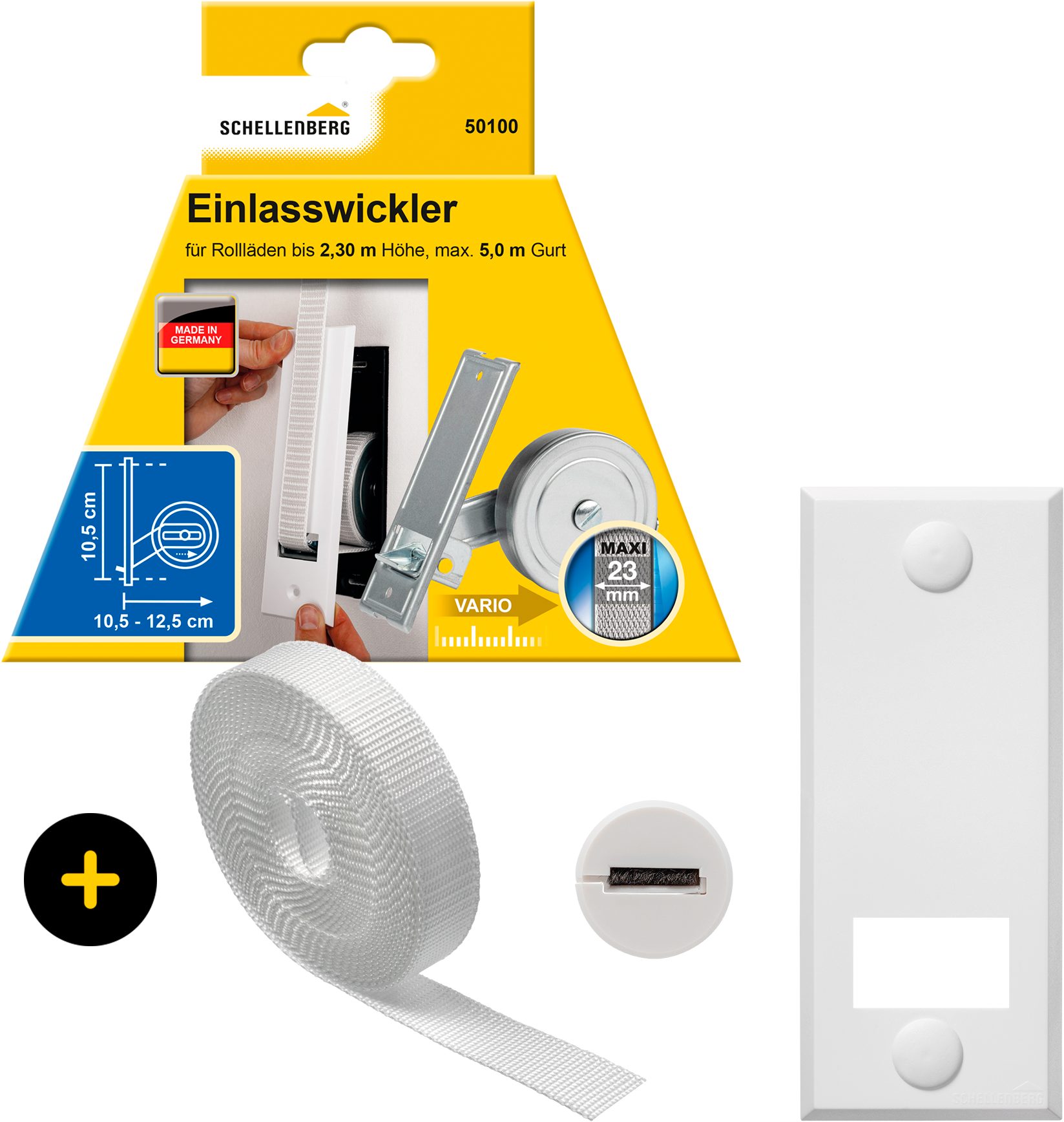 SCHELLENBERG Einlass-Gurtwickler inkl. Abdeckplatte, Gurtführung, Rollladengurt grau oder weiß, Set, 1-tlg., Unterputz Gurtwickler 10,5 cm Lochabstand für das Rollladensystem Maxi