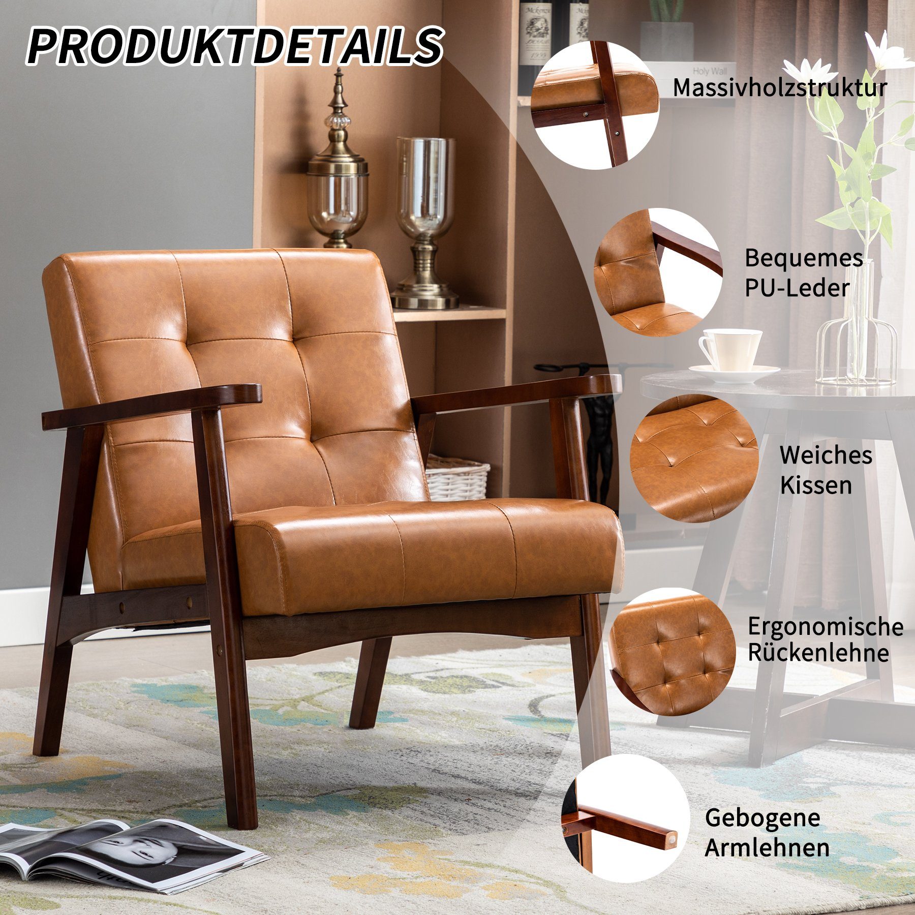 HomeMiYN Loungesessel Retro Holzsessel Loungesessel Polsterstuhl günstig online kaufen