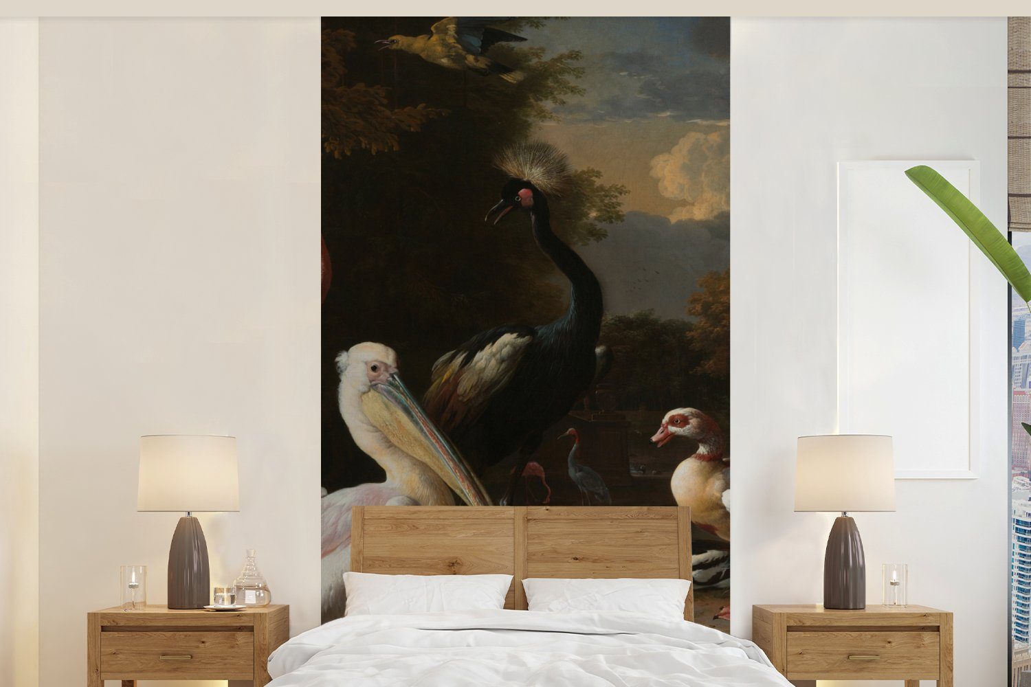 MuchoWow Fototapete Ein Pelikan und andere Vögel in der Nähe eines Wasserbeckens - Gemälde, Matt, bedruckt, (2 St), Vliestapete für Wohnzimmer Schlafzimmer Küche, Fototapete
