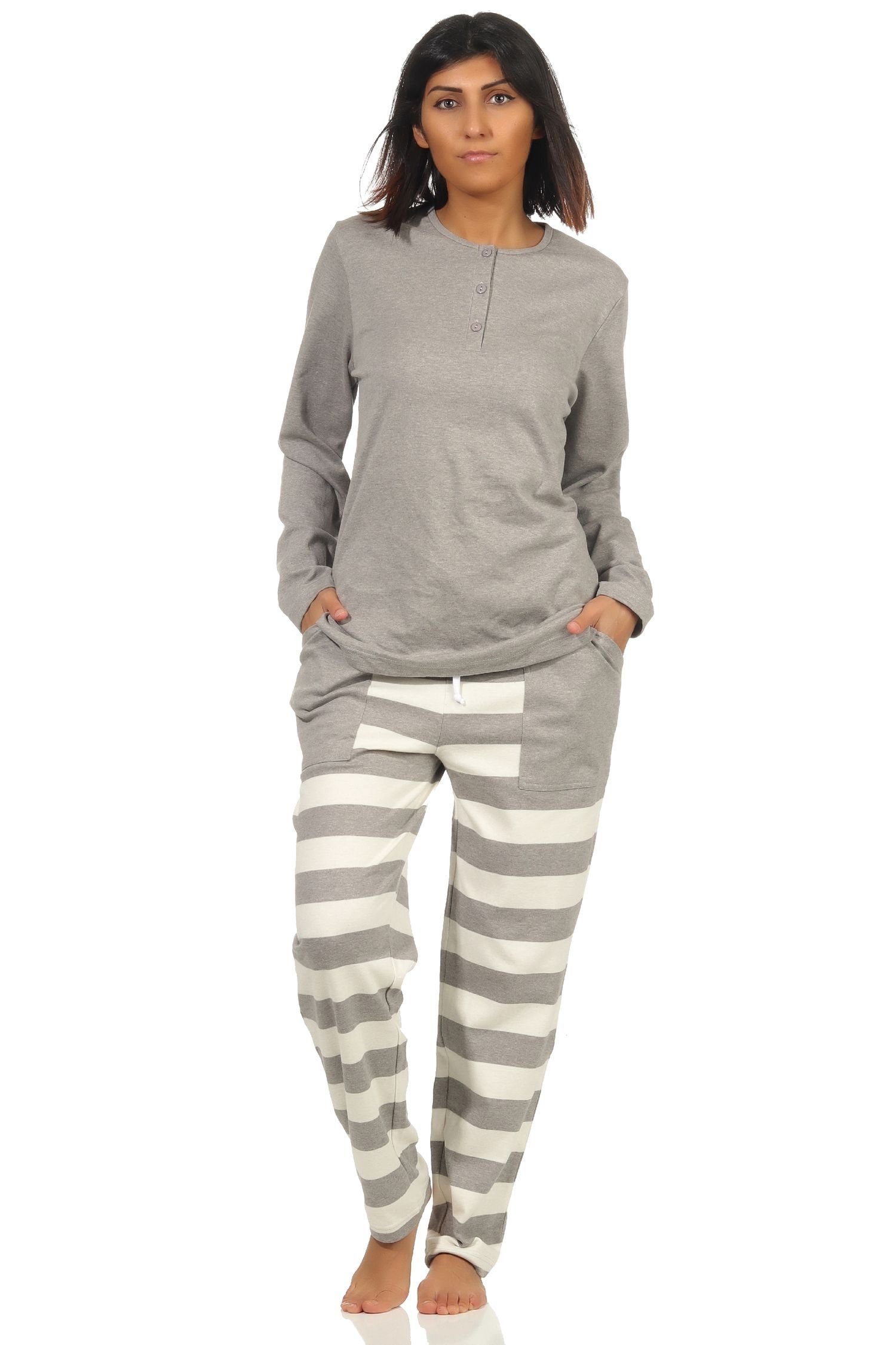 Normann Pyjama Damen Schlafanzug mit in Kuschel Qualität grau-melange Hose gestreifter Interlock