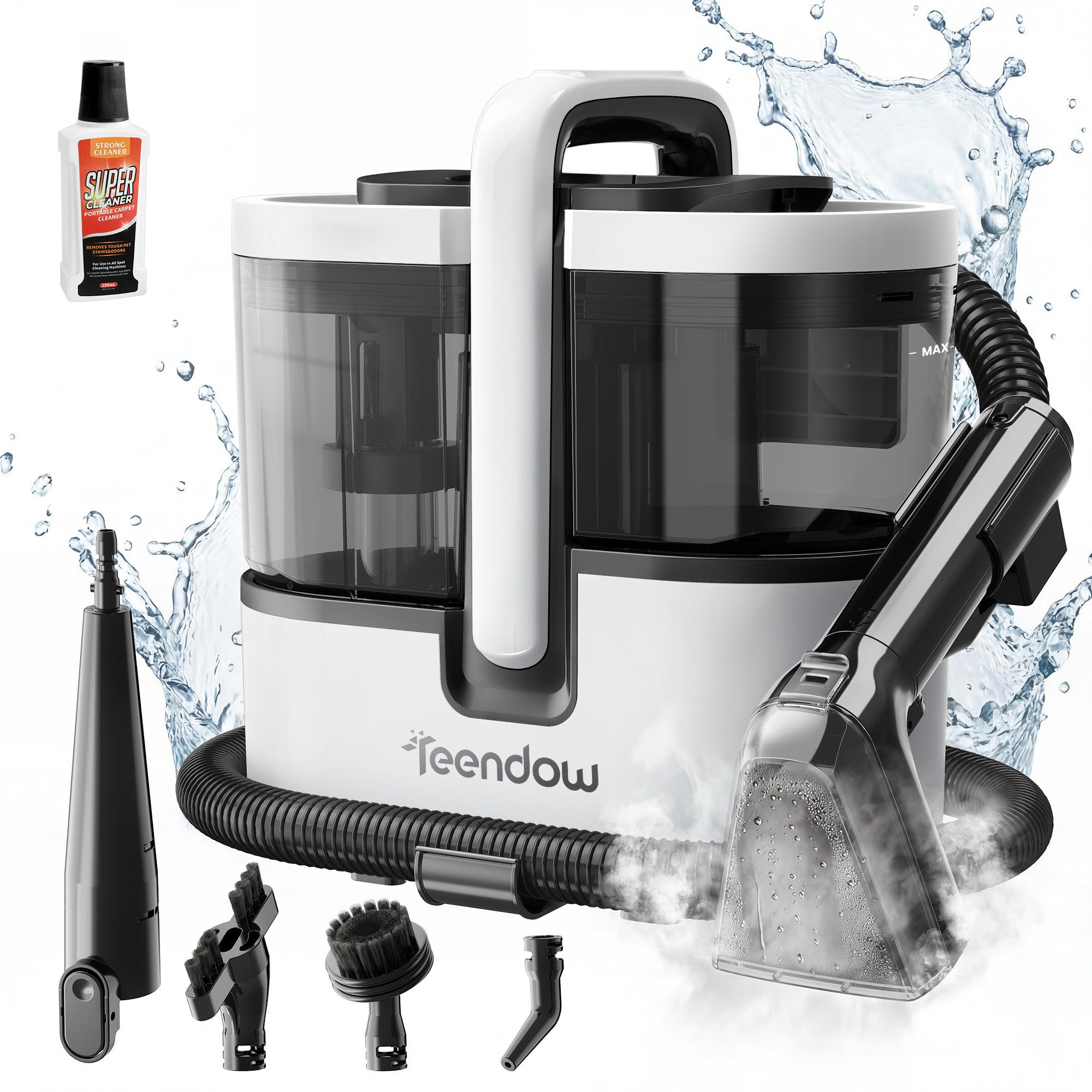 Teendow Wasch-Sauger C7MAX Waschsauger mit Dampf Polsterreiniger Teppichreiniger, 1800 W, Wassertank, Dampf >100°C, 30 Sek. Aufheizung, 18 kPa, 1,6L+1,5L Tanks