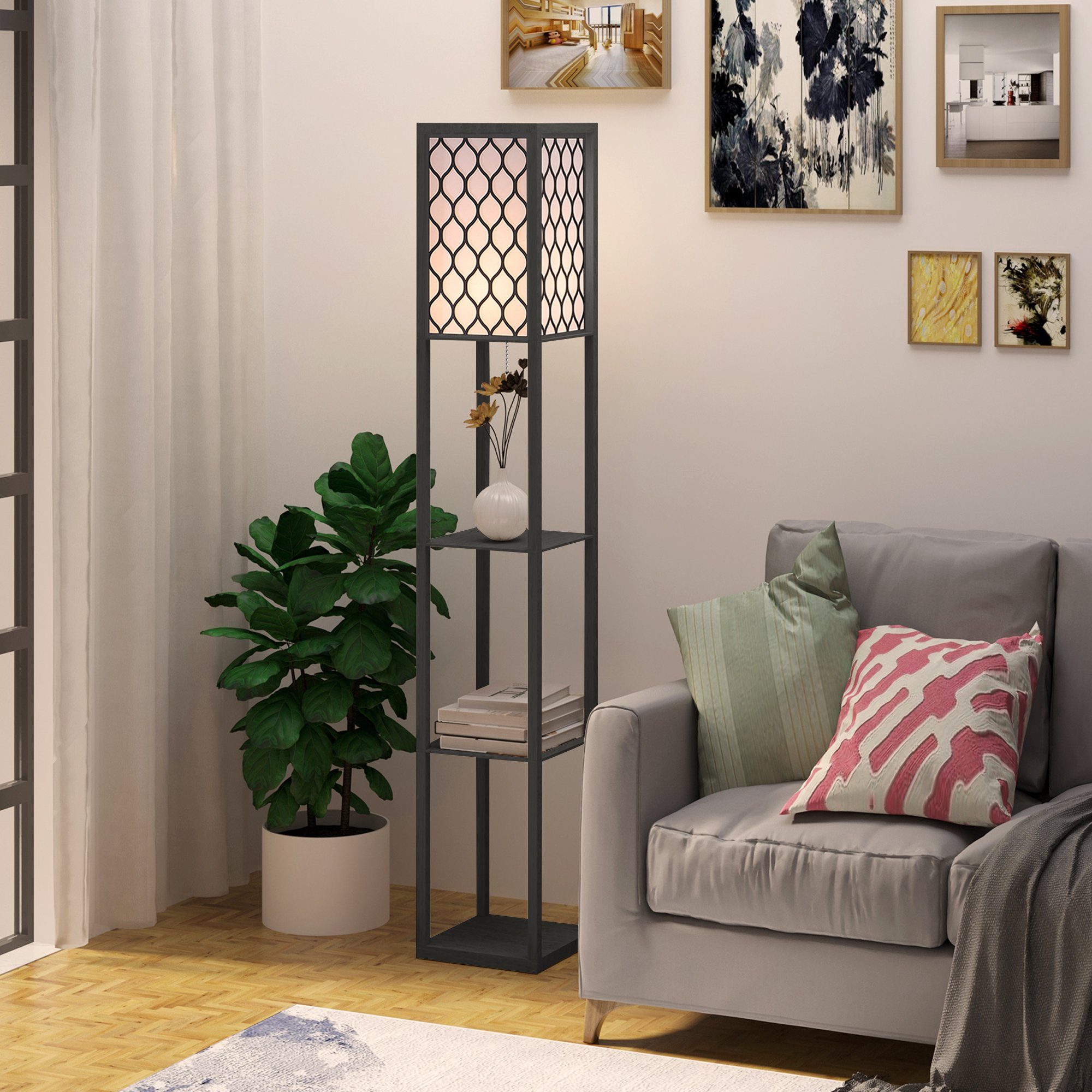 HOMCOM Stehlampe Stehleuchte mit Regalen, Holz günstig online kaufen