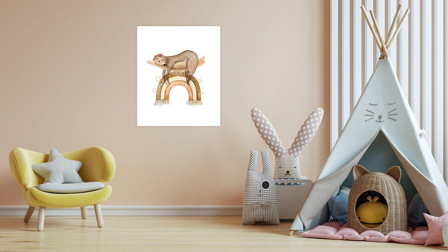 Bild mit Rahmen oder Poster, Liegendes Faultier auf Regenbogen