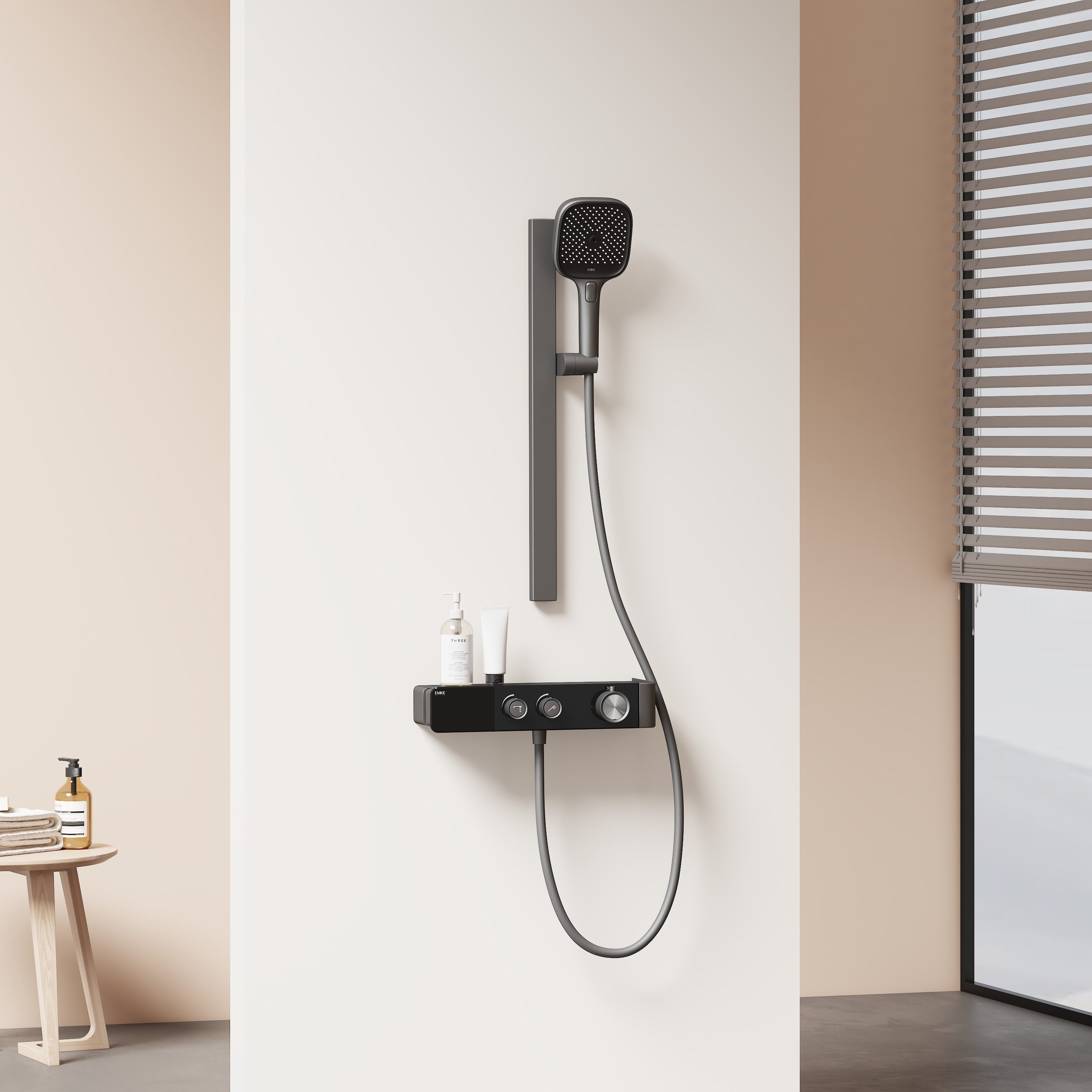 EMKE Duschsystem mit Thermostat – Handbrause mit integrierter Glasablage, Höhe 60 cm, 3 Strahlart(en), Brausegarnitur Duschsystem Duschsäule Duschset mit 150cm Schlauch
