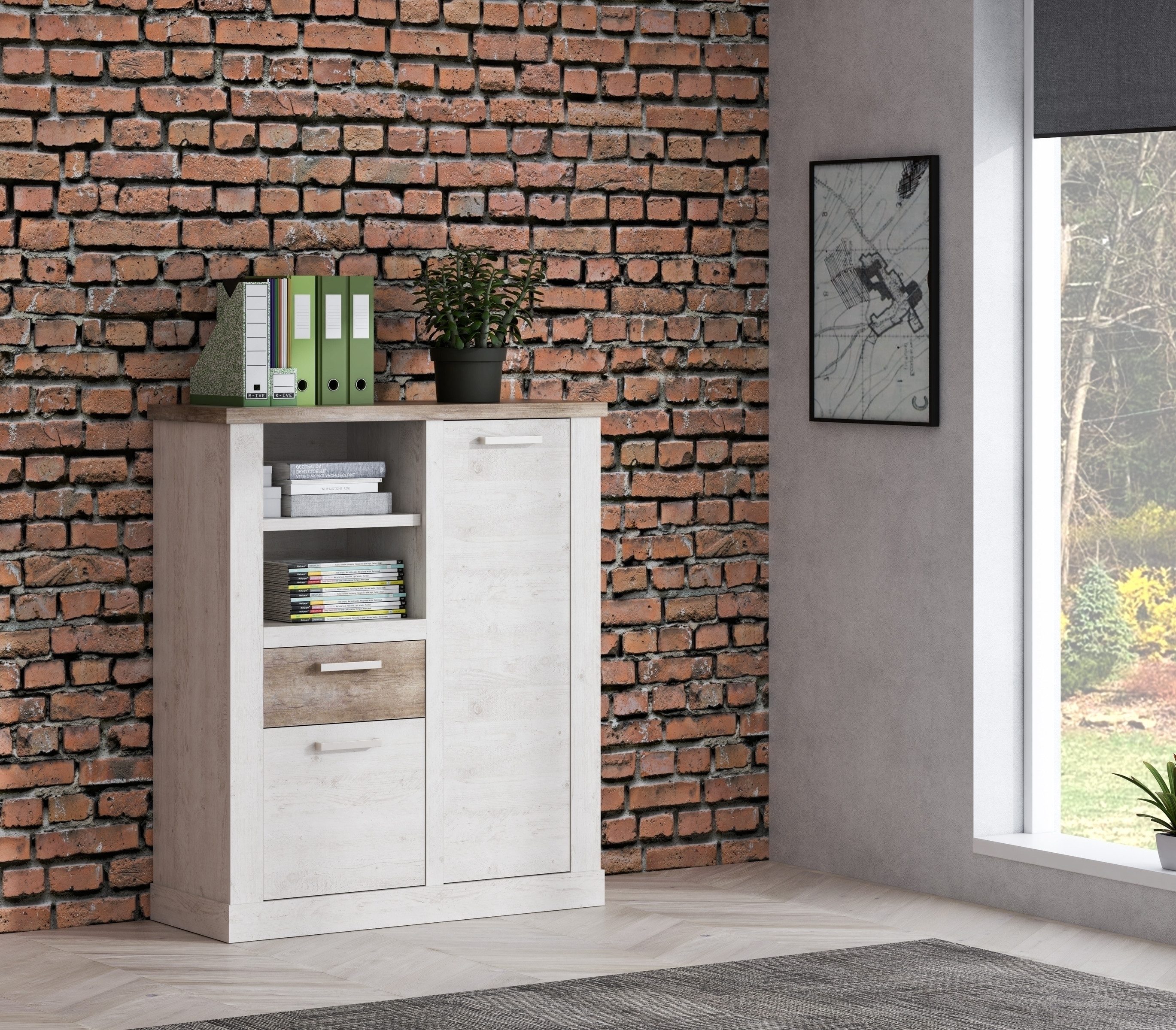 FORTE Highboard 2 Türen, Pinie Weiss / Eiche Antik Dekor - 109,8x128,3x41,3cm (BxHxT)