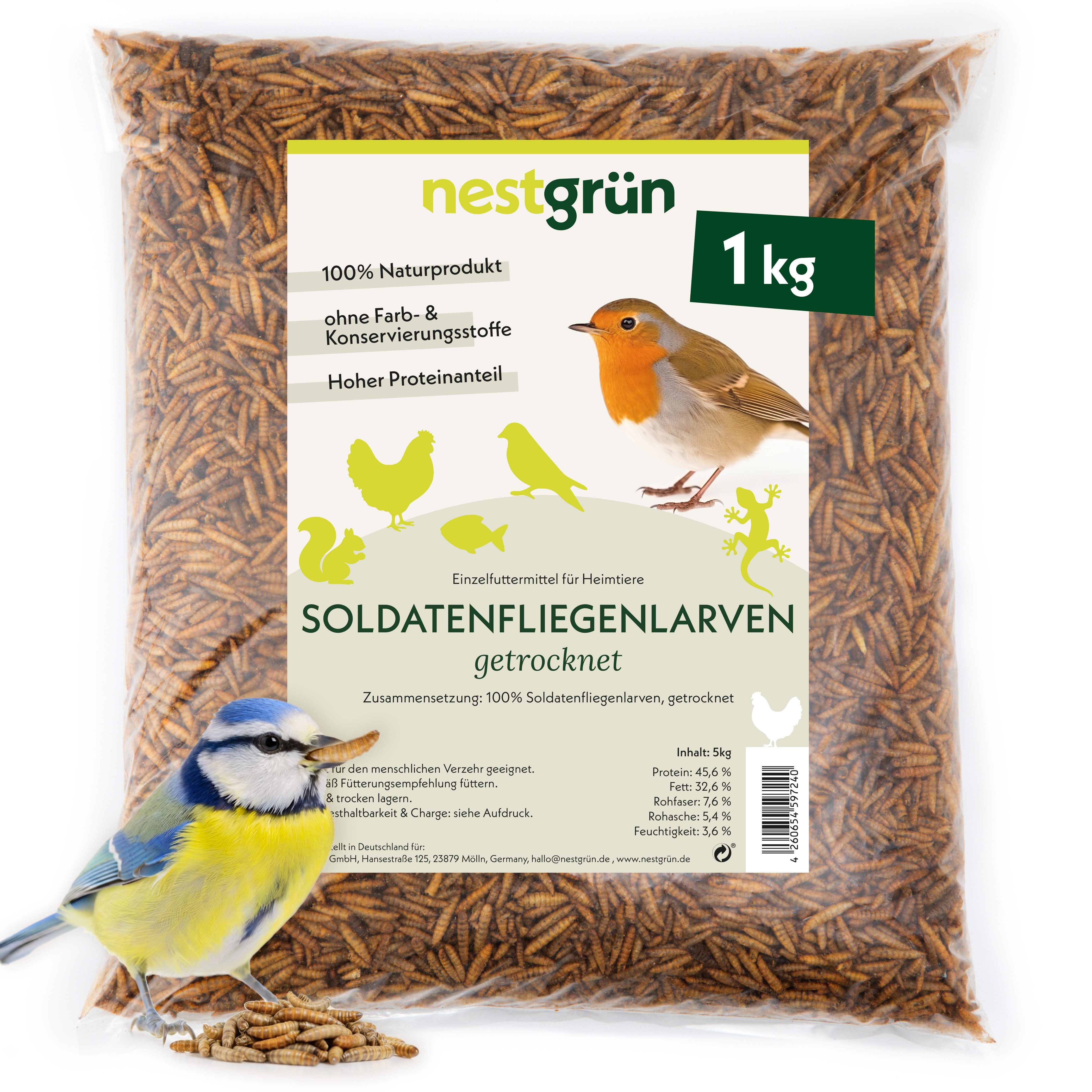 Nestgrün Soldatenfliegenlarven getrocknet, Snack für: Reptilien, Fische, Wildvögel, Igel, Nager, Hühner, Eichhörnchen, proteinreicher Snack, 100% natürlich