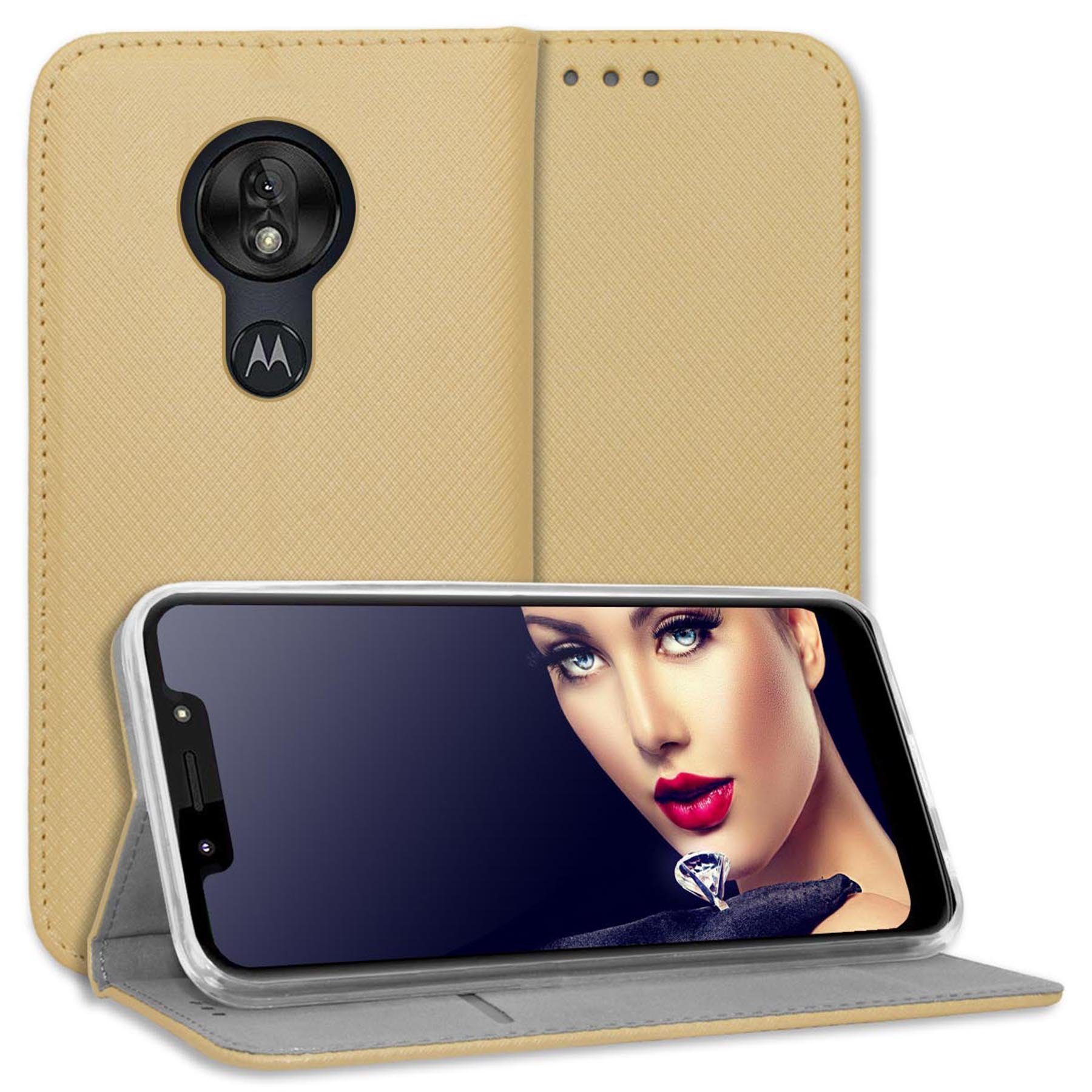 mtb more energy Smartphone-Hülle Smart Magnet für Motorola Moto G7 Play, Gold, Bookstyle Klapphülle Cover Wallet Case aus Kunstleder