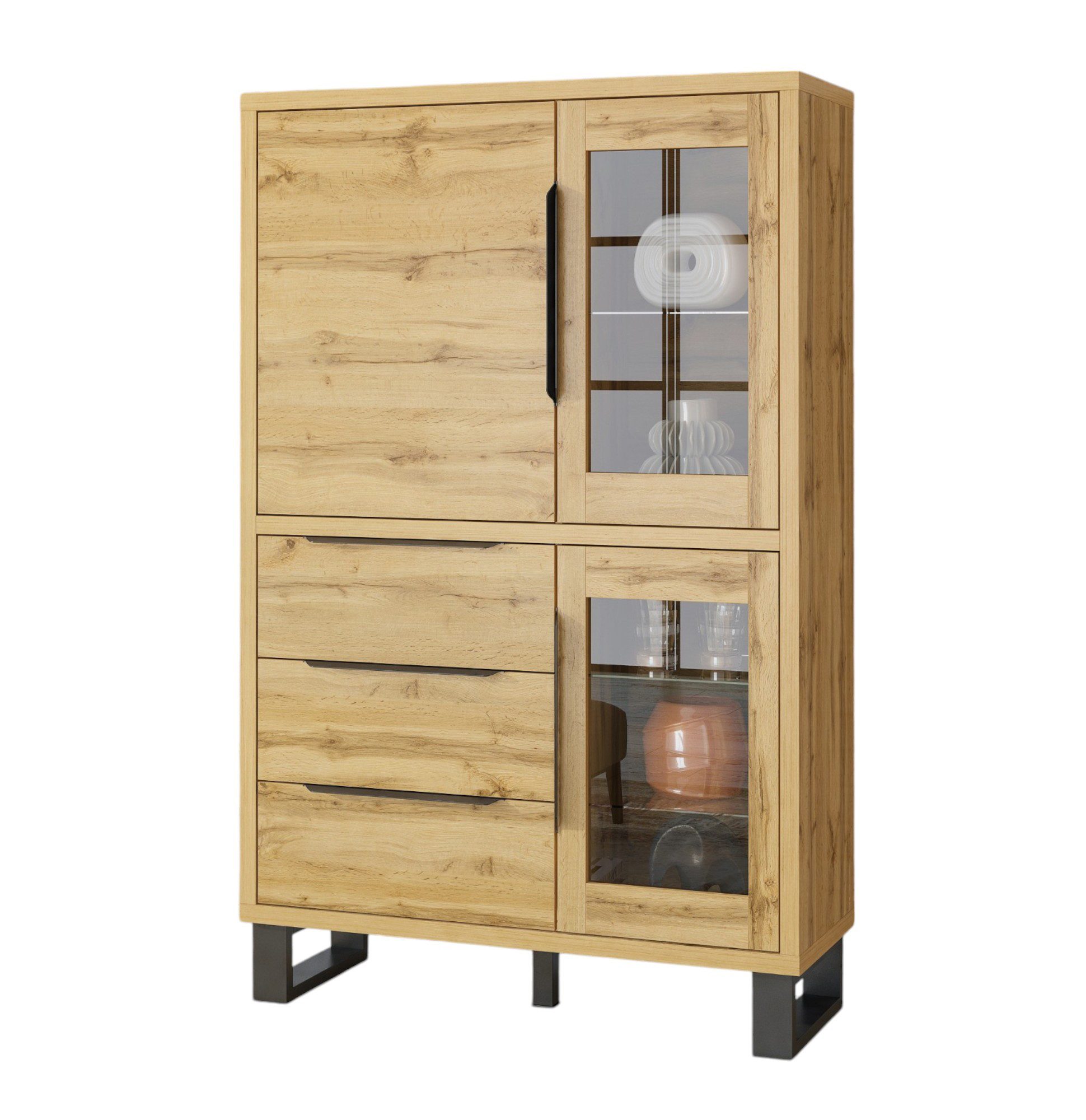Compleo Glasvitrine Höhe 190 cm, Standvitrine mit 3 Türen und 3 Schubladen MANIA Metallgriffe