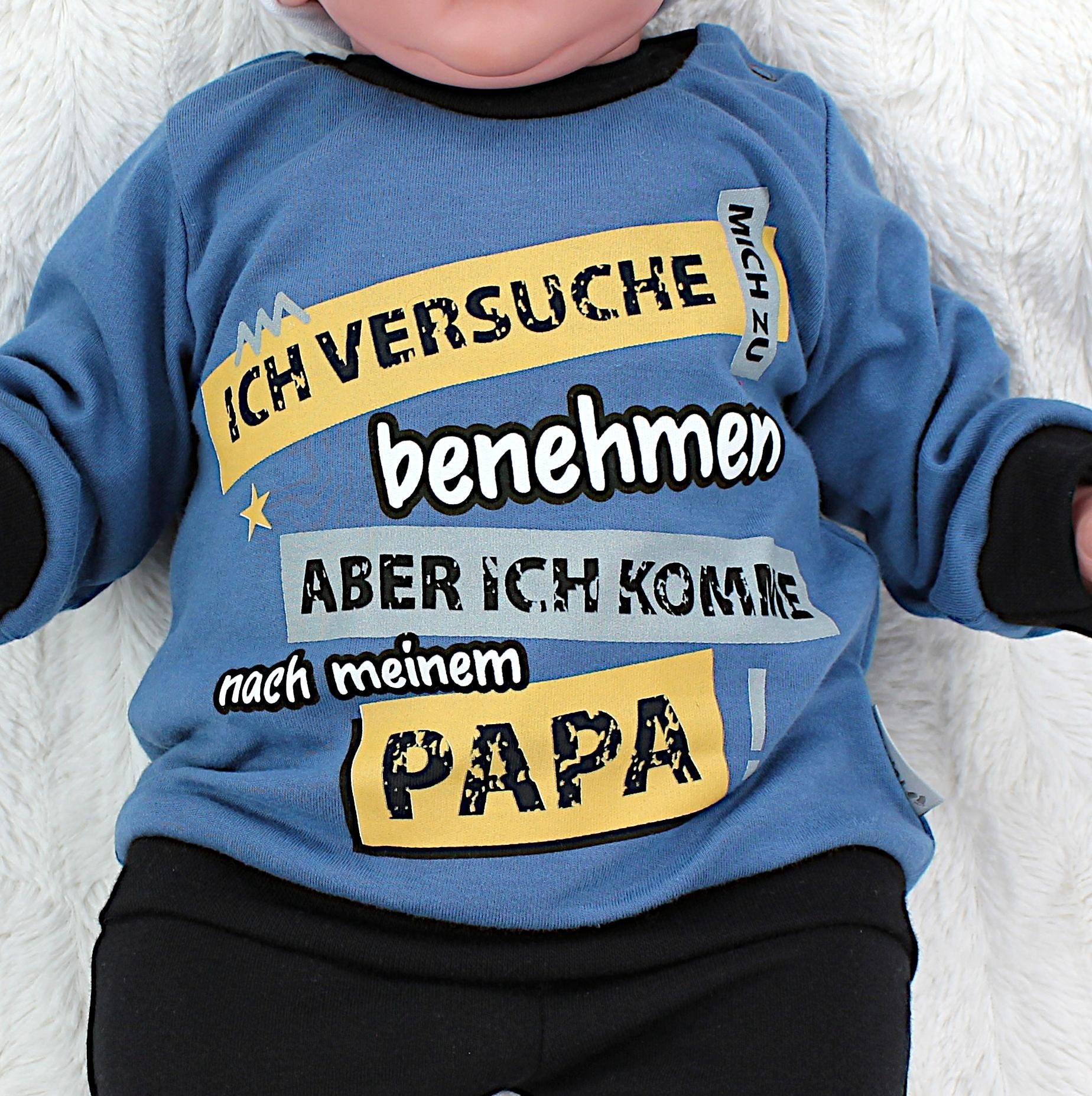 TupTam Erstausstattungspaket Baby Jungen Langarmshirt benehmen zu Spruch Print mich Babykleidung versuche Ich Babyhose Jeansblau Outfit Schwarz / mit