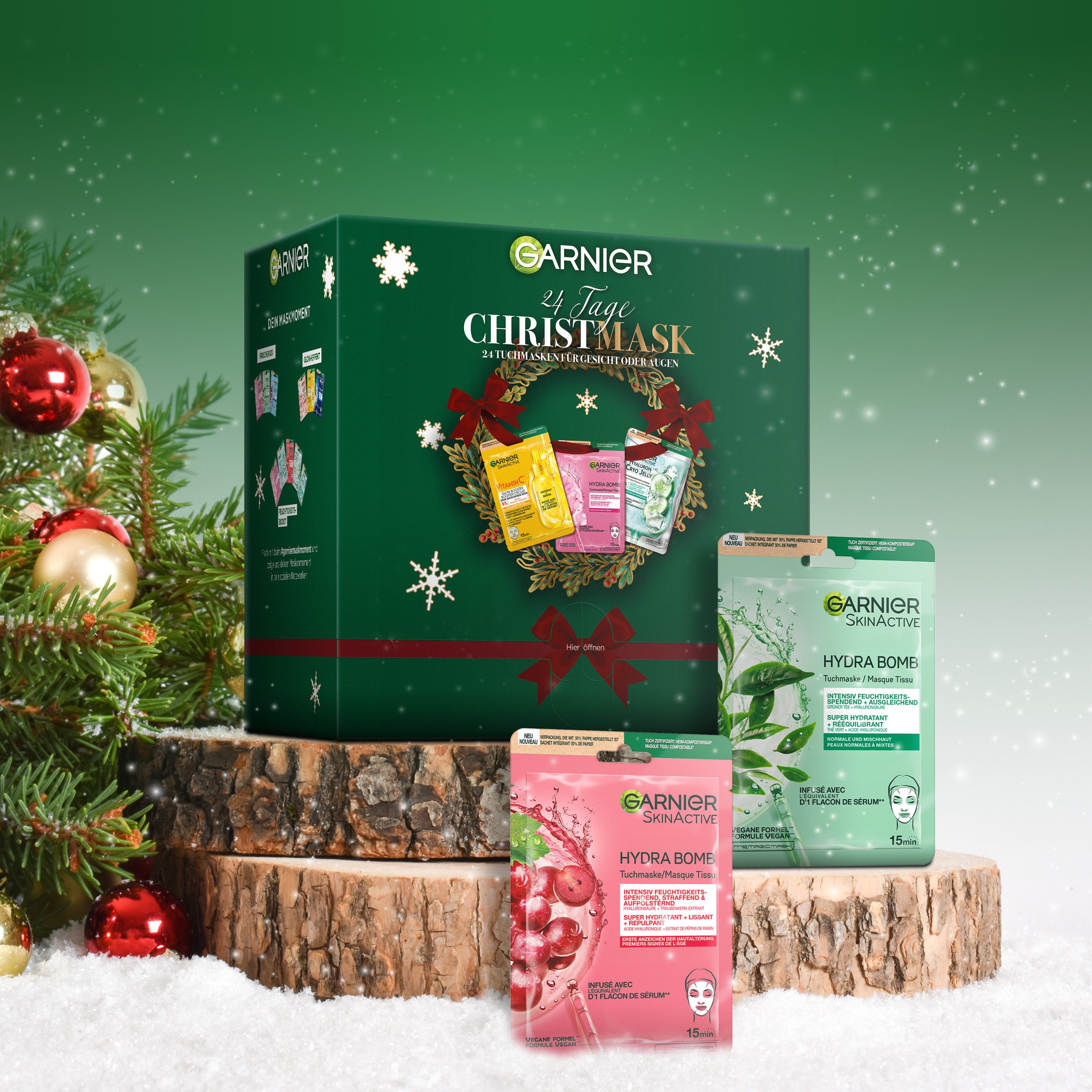 GARNIER Kosmetik-Adventskalender Garnier Tuchmasken 24er Adventskalender, mit 24 verschiedenen Tuchmasken, aus Textilmaterial