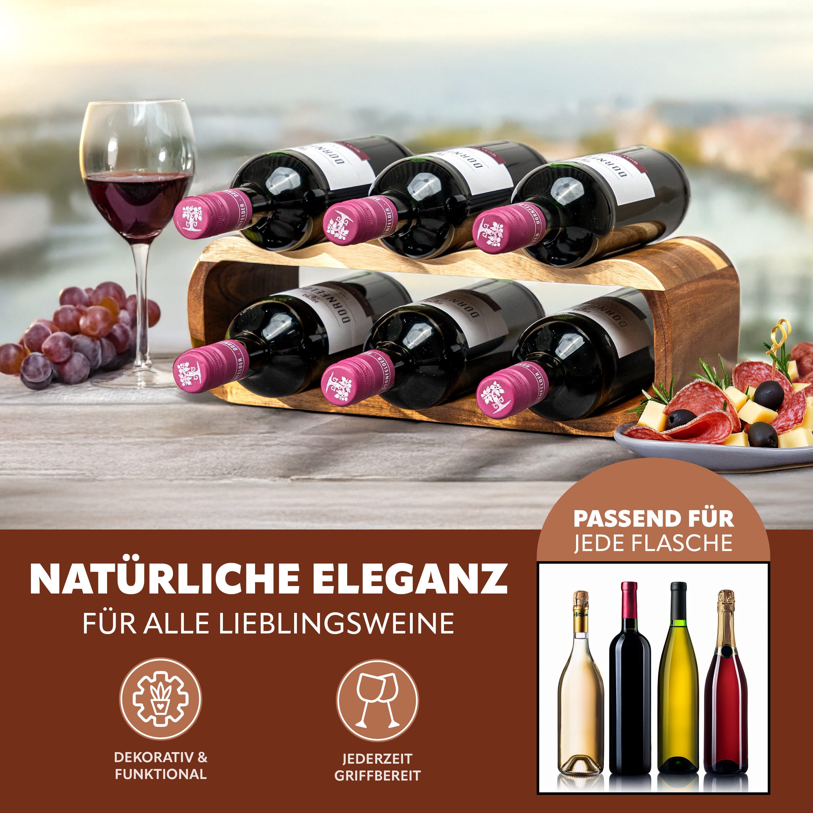 eluno Weinregal für 6 Flaschen, Flaschenregal aus Akazienholz, 38 x 12,5 x günstig online kaufen