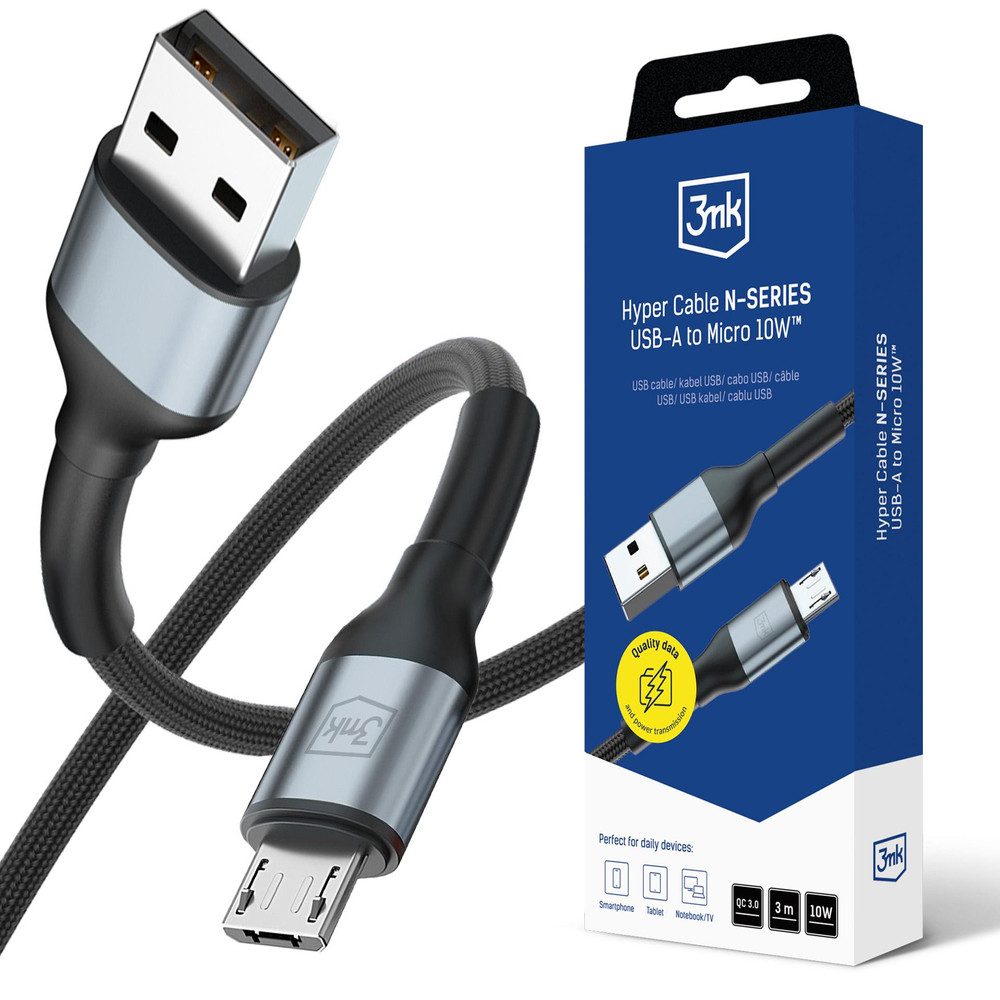 3MK Ladekabel Datenkabel Schnellladekabel USB-Kabel, USB-A, Micro-USB (300.0 cm), Nylongeflecht, Aluminiumstecker, QC 3.0, 10 W