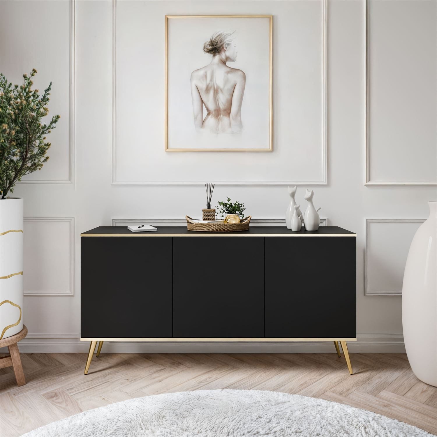 Lookway Kommode OXFORD K160 Die dreitürige Sideboards auf goldenen Füßen, 160x85x39 cm – Bild 3 von 5