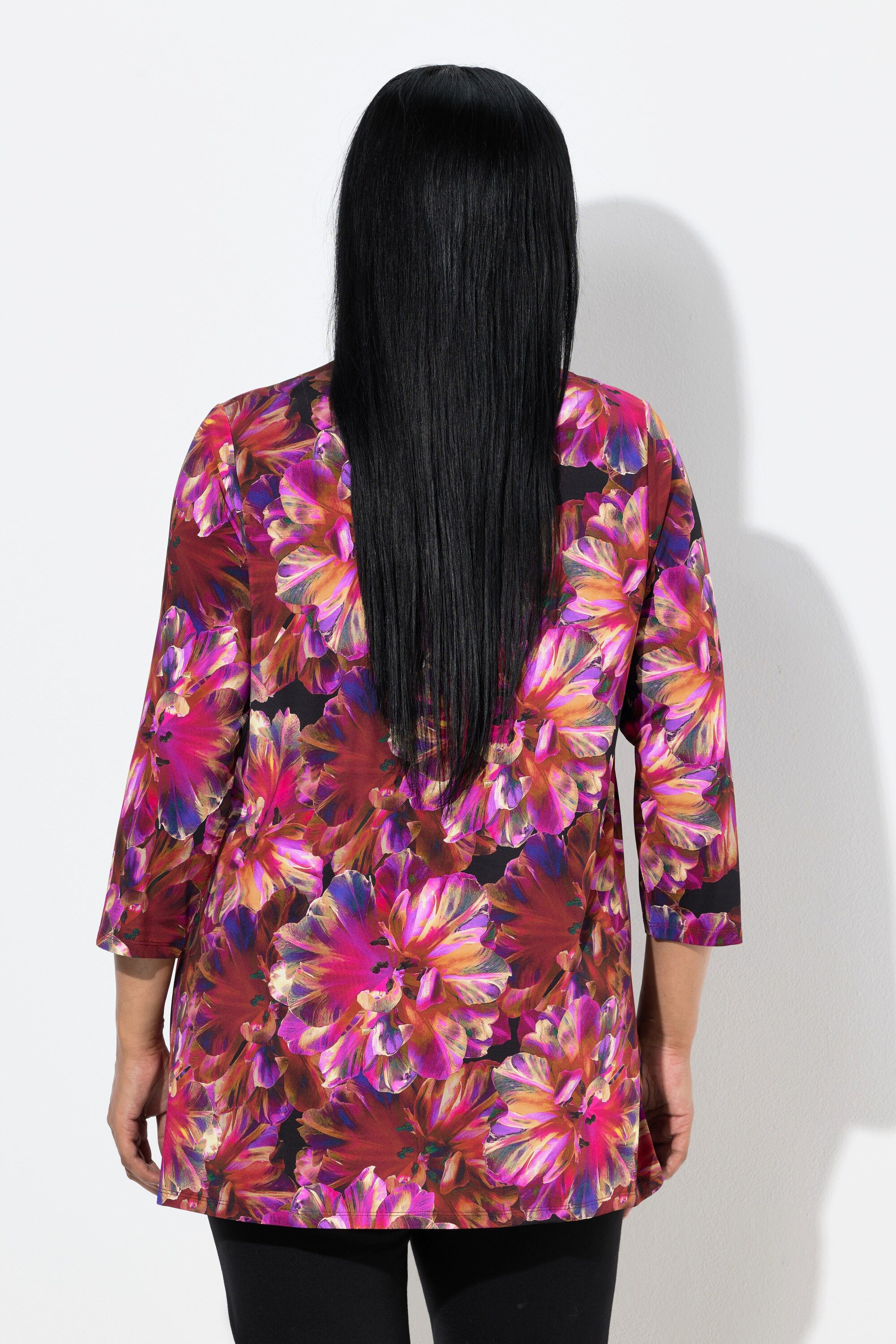 Ulla Popken Longshirt Slinky-Shirt Blüten A-Linie V-Ausschnitt 3/4-Arm