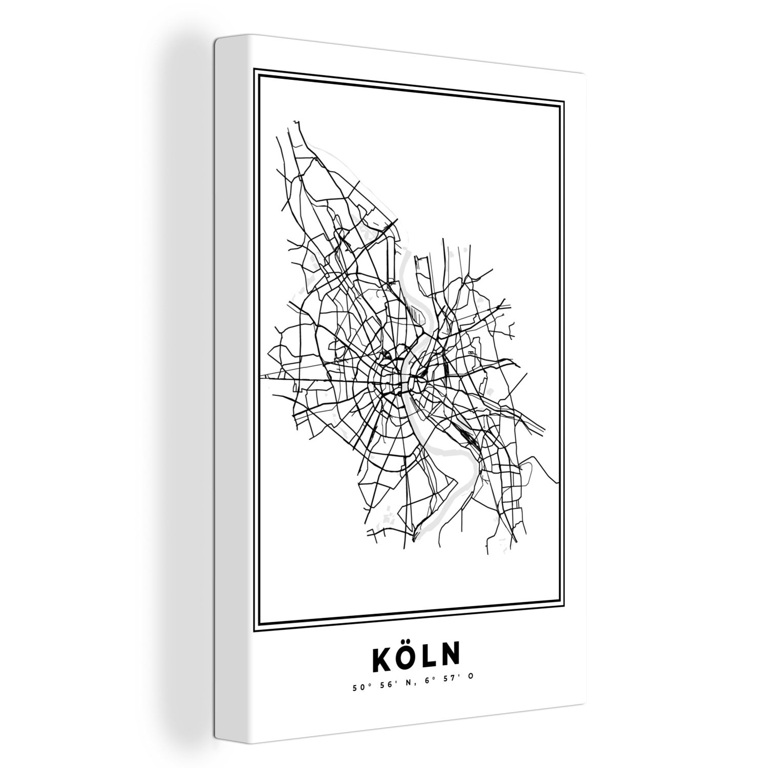 und Leinwandbild Stadtplan Deutschland Gemälde, (1 Zackenaufhänger, - - Köln OneMillionCanvasses® fertig - Leinwandbild St), bespannt - Karte weiß, 20x30 inkl. Schwarz cm