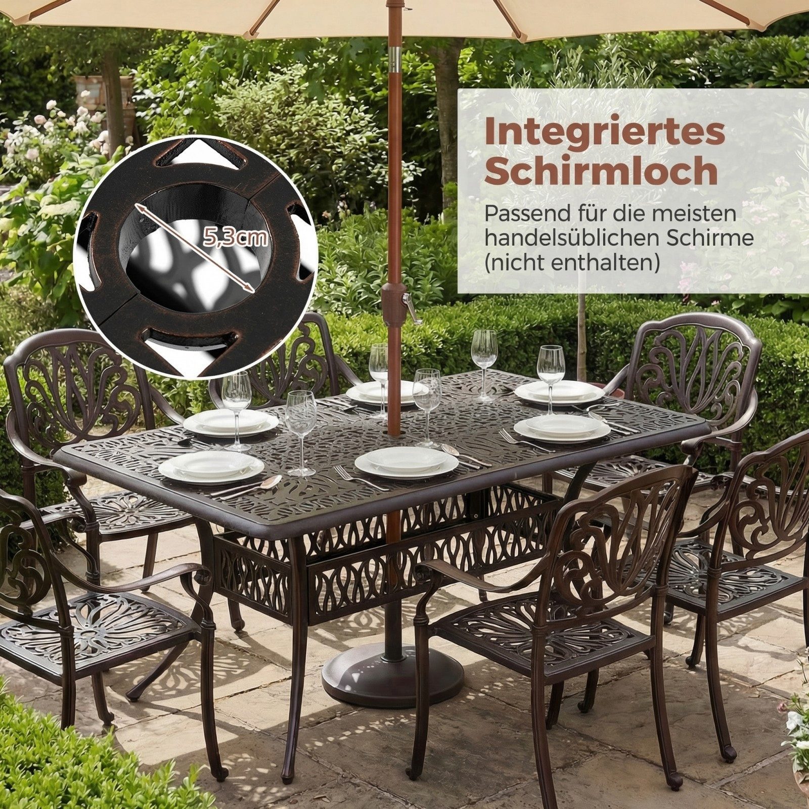 COSTWAY Gartentisch, 151x91cm Terrassentisch mit Schirmloch aus Aluminiumguss