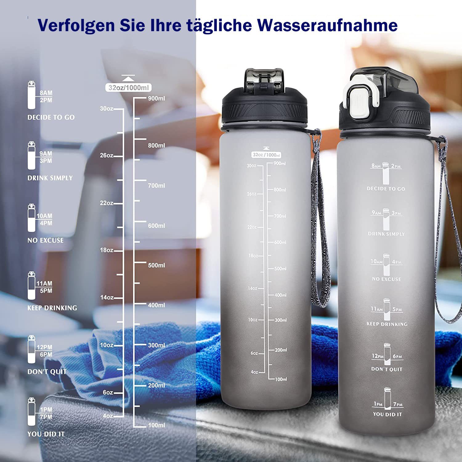 zggzerg Trinkflasche 1L Wasserflasche, mit FarbverlaufGrau und Zeitmarkierung Trinkflasche Strohhalm
