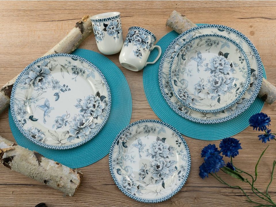 CreaTable Kombiservice Geschirr-Set Vintage Garden (16-tlg), 4 Personen,  Steingut, Service, romantisches Blumenmotiv, 16 Teile, für 4 Personen,  Romantisches Blumenmotiv in traditionellem Blau