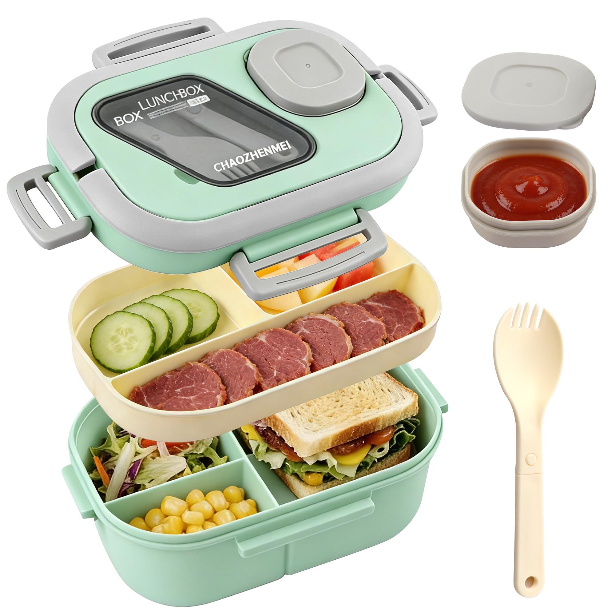 Diwzbyn Lunchbox Bento Box Lunchbox 2-stufig, 6 Fächer, Auslaufsicher, BPA-frei, Mit Saucenbehälter & Besteck, mikrowellengeeignet, 1200 ml