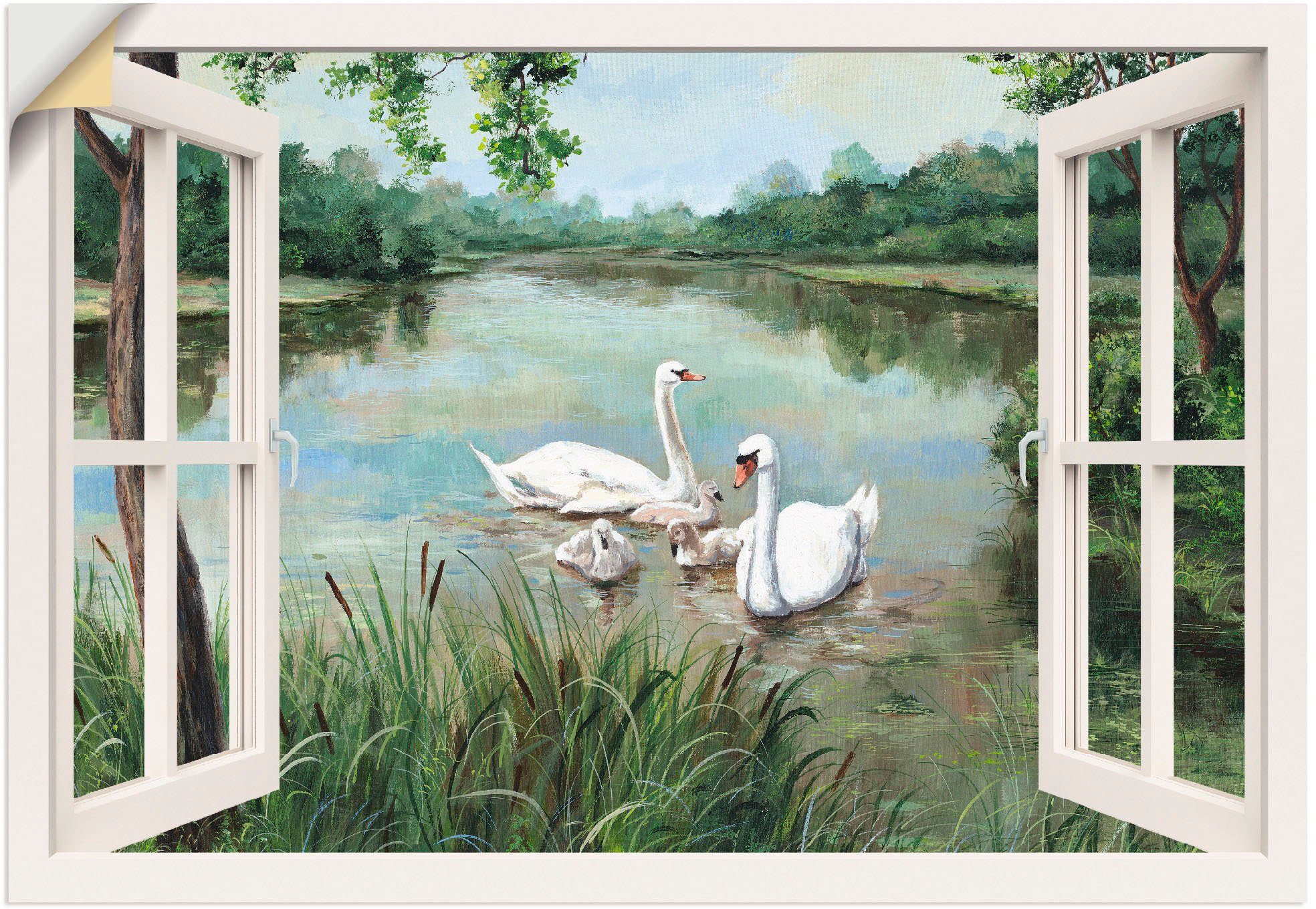 Artland Wandbild Fensterblick - Schwäne, Vögel (1 St), als Alubild, Leinwandbild, Wandaufkleber oder Poster in versch. Größen