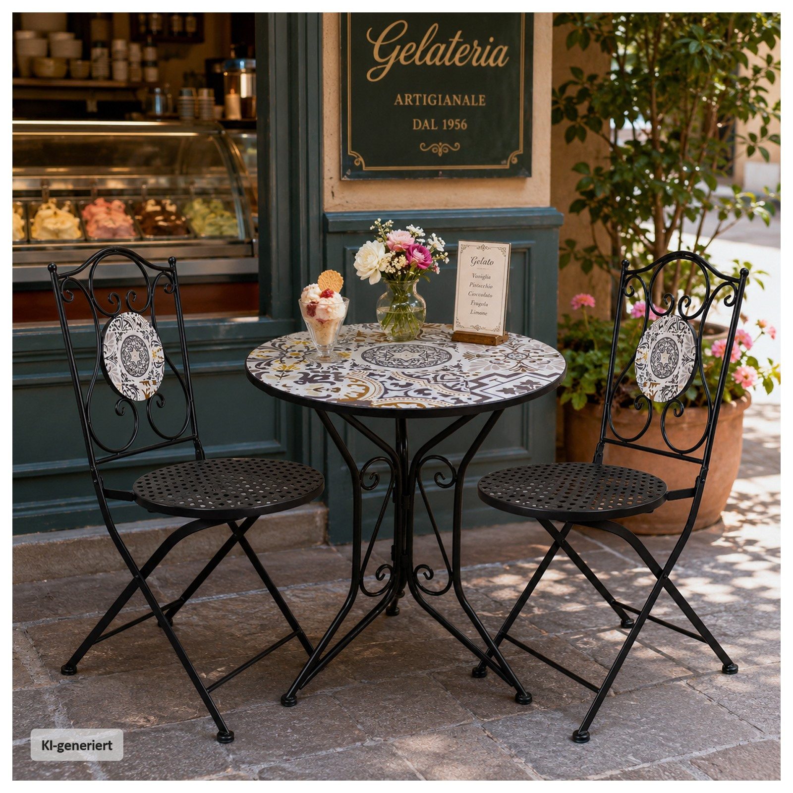 HTI-Living Garten-Essgruppe Sitzgruppe Metall Bistro Set mit Motiv Algier für Balkon und Terrasse, (Set, 3-tlg., 1 Tisch 2 Stühle), Sitzgruppe Essgruppe Balkons – Bild 5 von 5