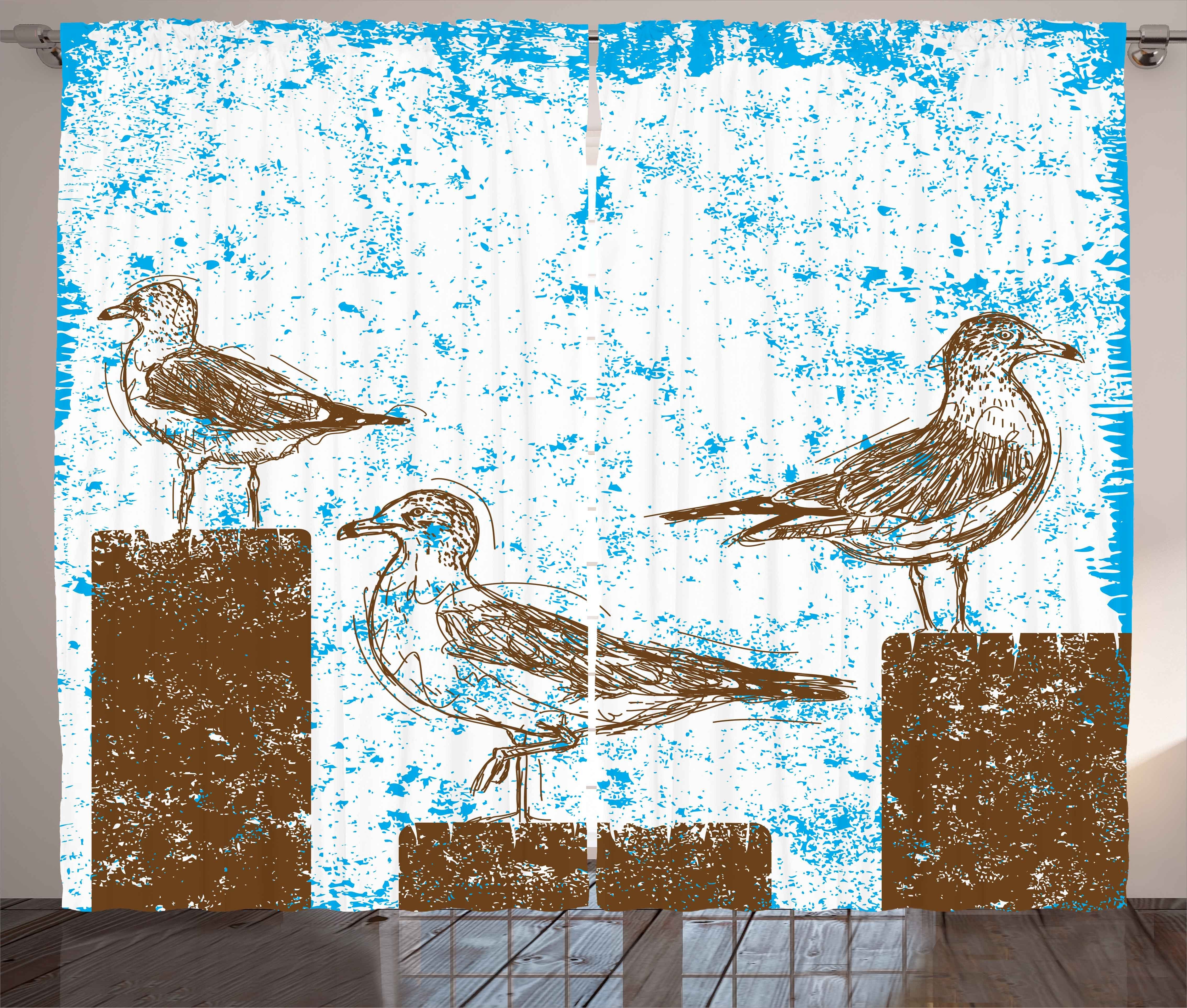 Seagulls und Kräuselband Grungy Gardine Blau Sketch Haken, Schlafzimmer mit Schlaufen Vorhang Abakuhaus,