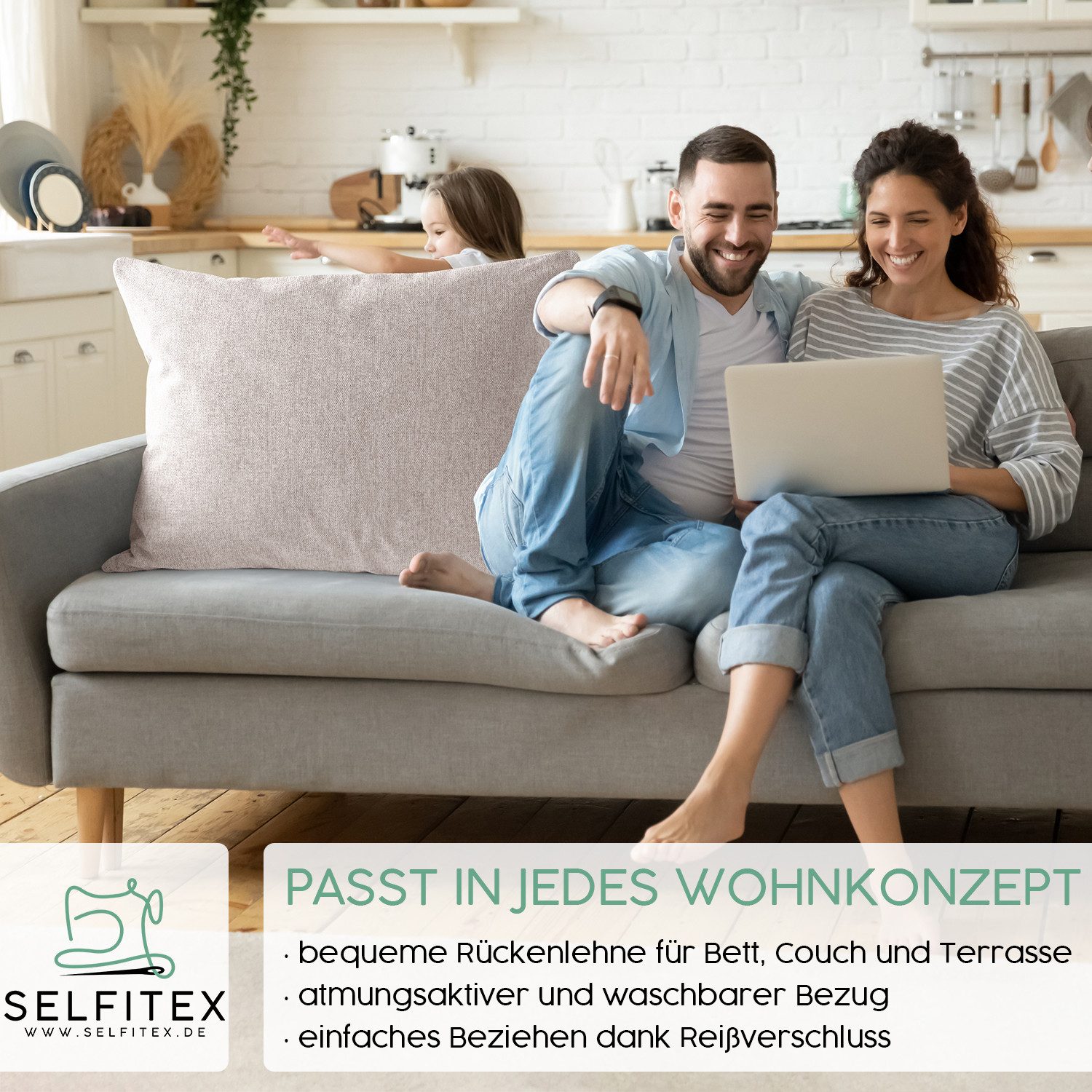 Selfitex Dekokissen 60x80 / 80x80 inkl. Füllkissen, große Farbauswahl, für Couch, Sofa und Bett