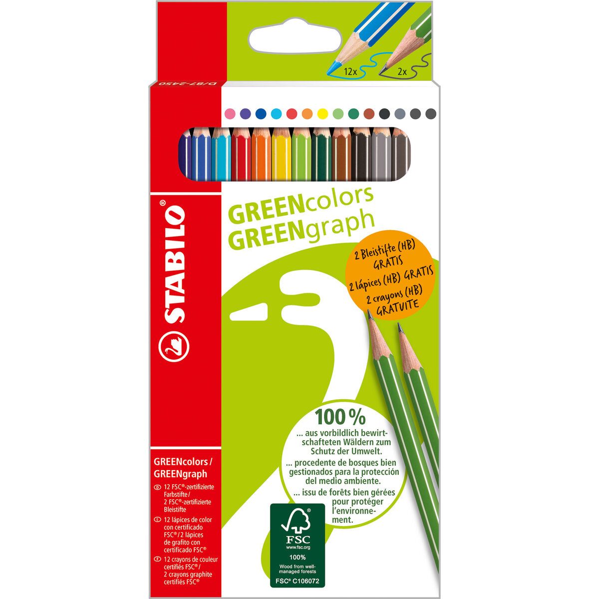 STABILO Buntstift Buntstift GREENcolors + GREENgraph Kartonetui 12 Stück/12 Farben + 2 B