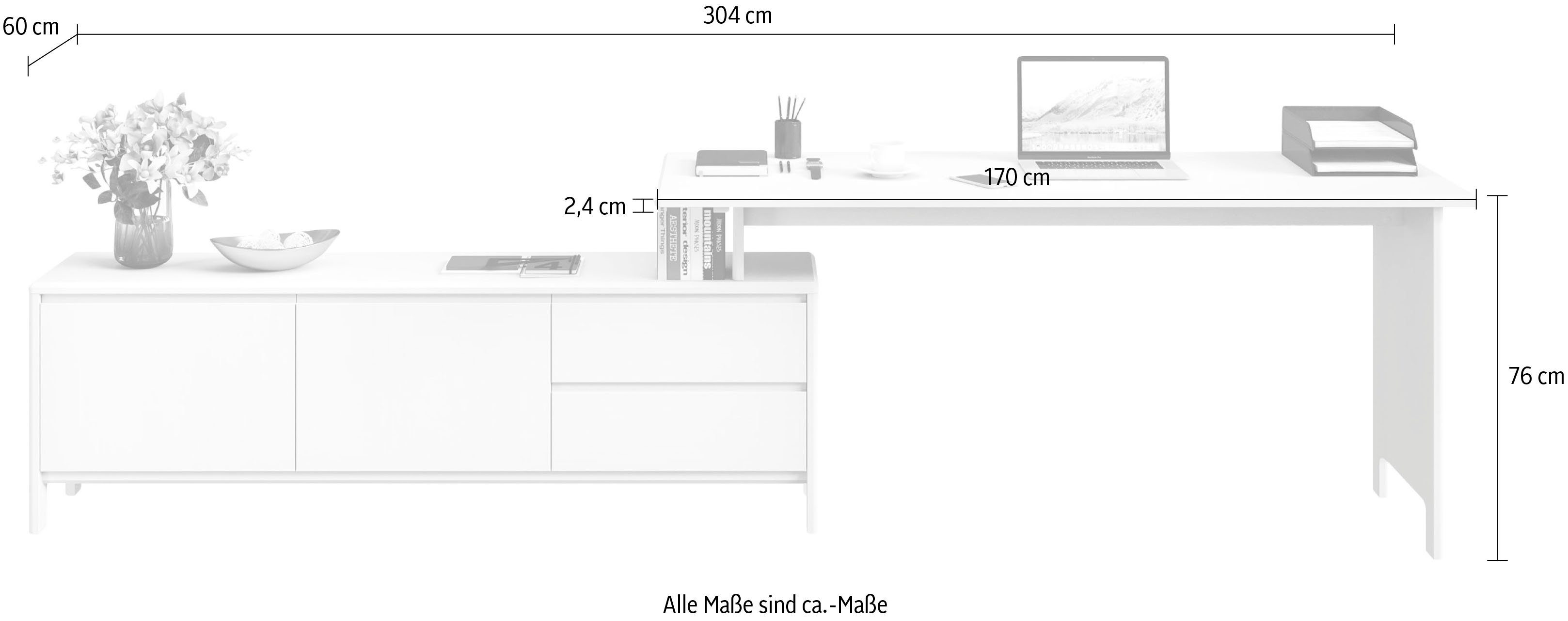 Home affaire Schreibtisch Luven, Breite 170-304 cm weiß