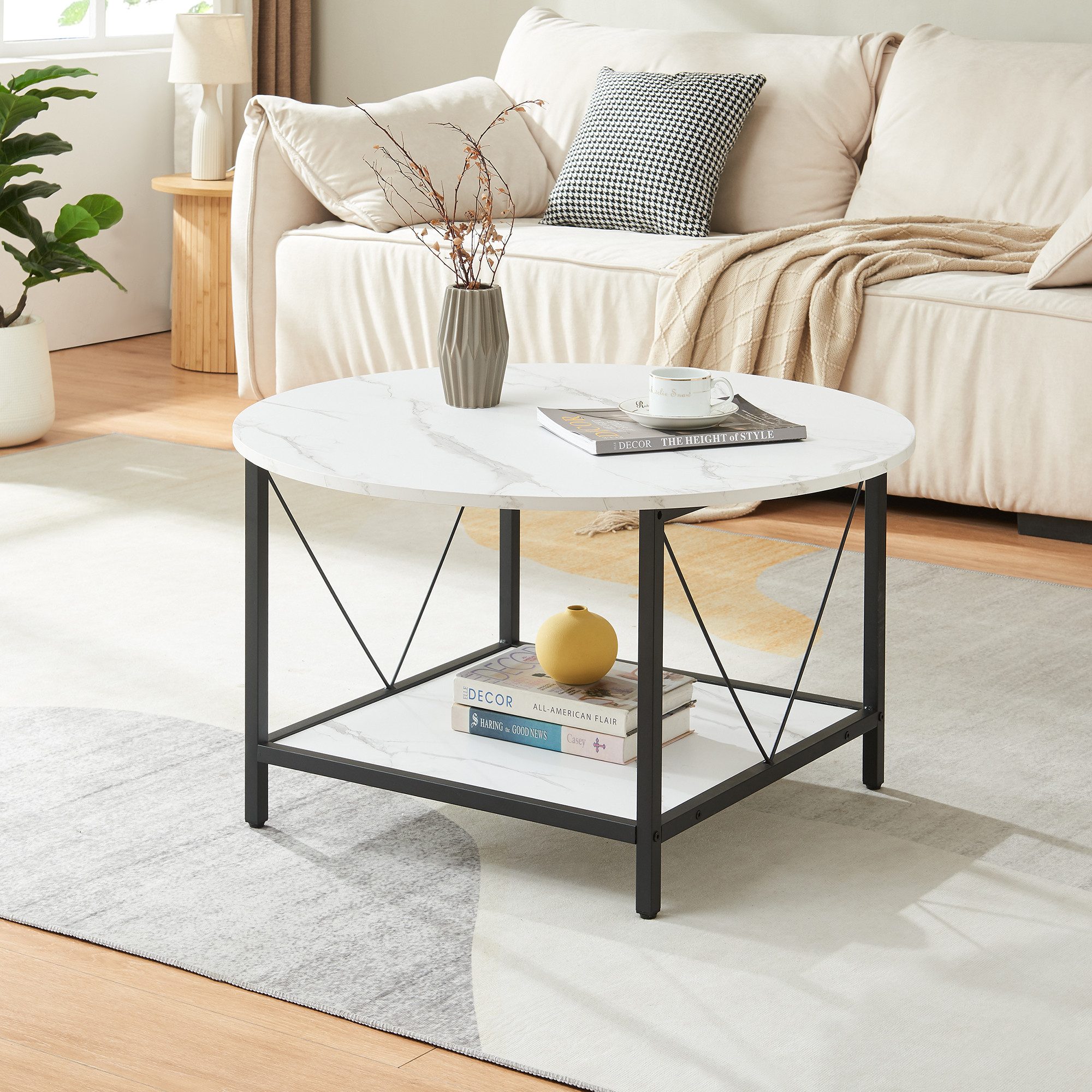 en.casa Couchtisch, »Filem« mit Ablage Ø80 x 46 cm Metallgestell Marmoropti günstig online kaufen