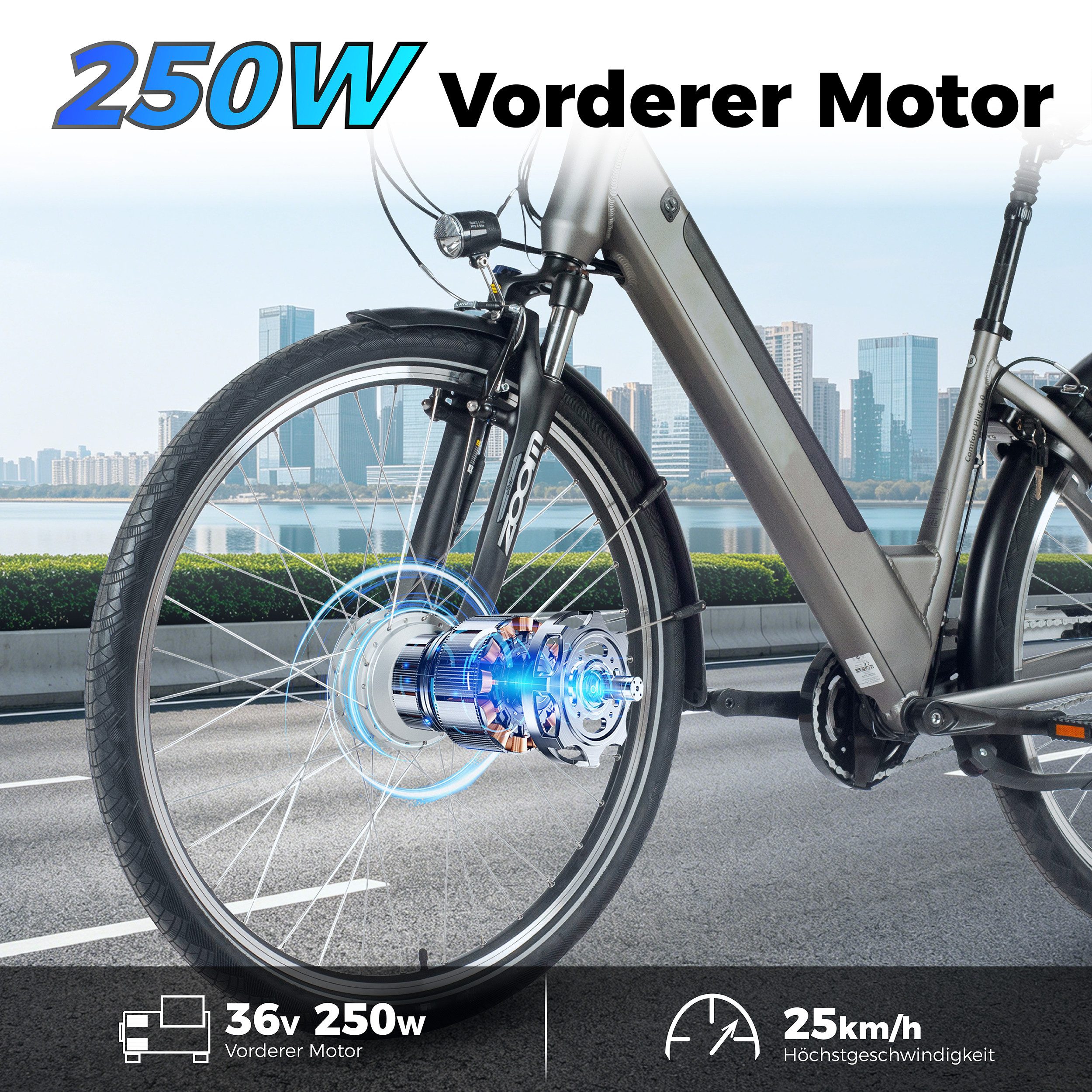 SAXXX E-Bike Cityrad 28 Zoll, max.90km, Federsattelstütze, Federgabel mit Lockout, V-Bremse, 7 Gang Shimano NEXUS Schaltwerk, Nabenschaltung, Frontmotor, 418 Wh, 5 Stufen, max. 130 kg, Pedelec, Elektrofahrrad für Damen und Herren