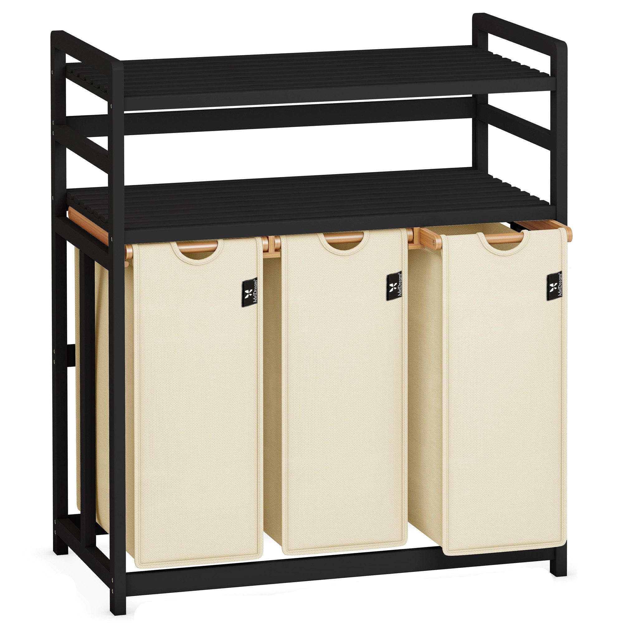 AdelDream Wäschekorb AdelDream Wäschekorb 3 Fächer Wäschesammler 150L Weiß/Schwar Rahmen