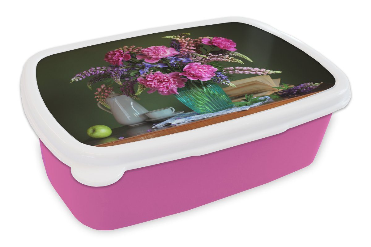 MuchoWow Lunchbox Tisch - Blumen - Stilleben, Kunststoff, (2-tlg), Brotbox für Erwachsene, Brotdose Kinder, Snackbox, Mädchen, Kunststoff rosa