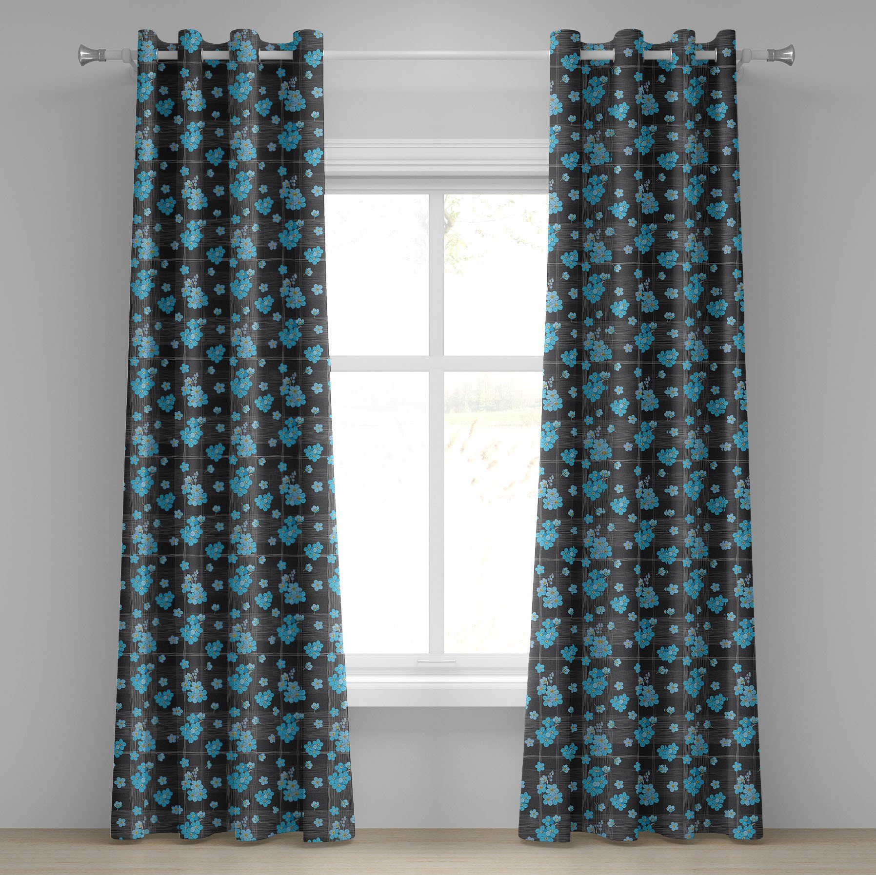 Gardine Dekorative 2-Panel-Fenstervorhänge für Schlafzimmer Blüten auf Blaue Abakuhaus, Wohnzimmer, Gitter Blume