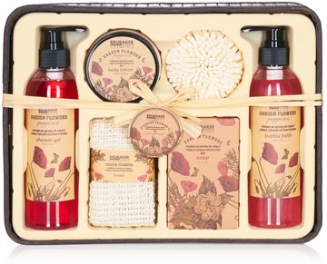 BRUBAKER Hautreinigungs-Set Bade- und Dusch Set Mohnblumen Duft, 7-tlg., Frauen Geschenkset im rustikalem Deko-Korb, Wellness Badeset für Damen, Beauty Pflegeset