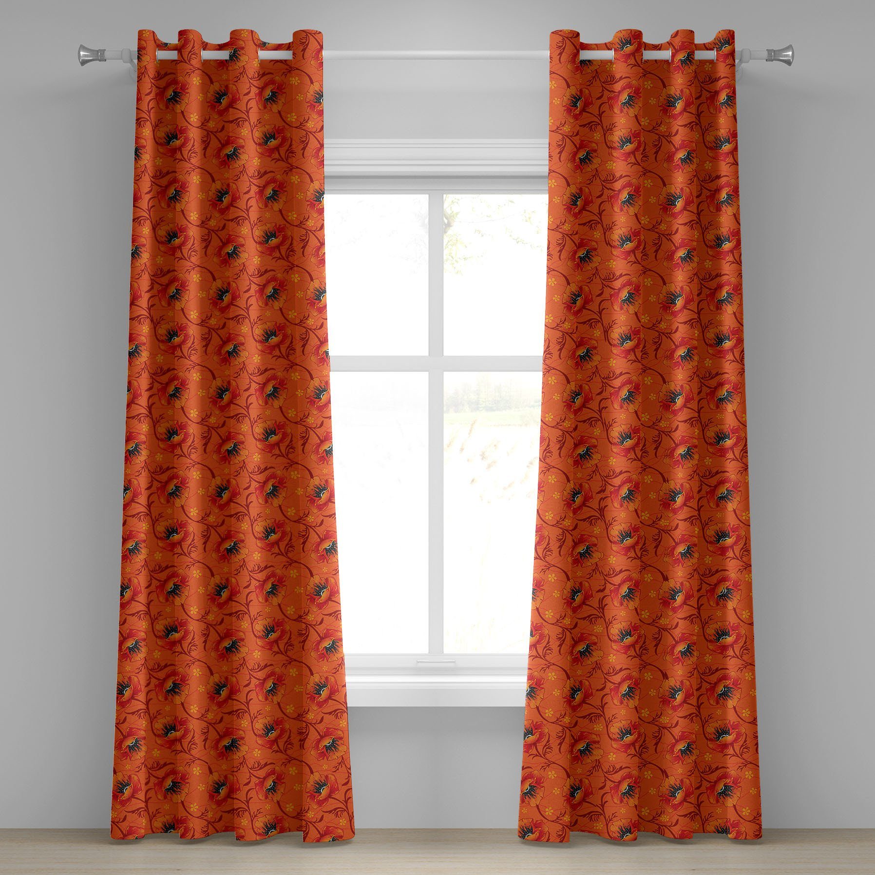 Mohnblumen-Blumen für Romantik Orange 2-Panel-Fenstervorhänge Dekorative Gardine Schlafzimmer Abakuhaus, Wohnzimmer,