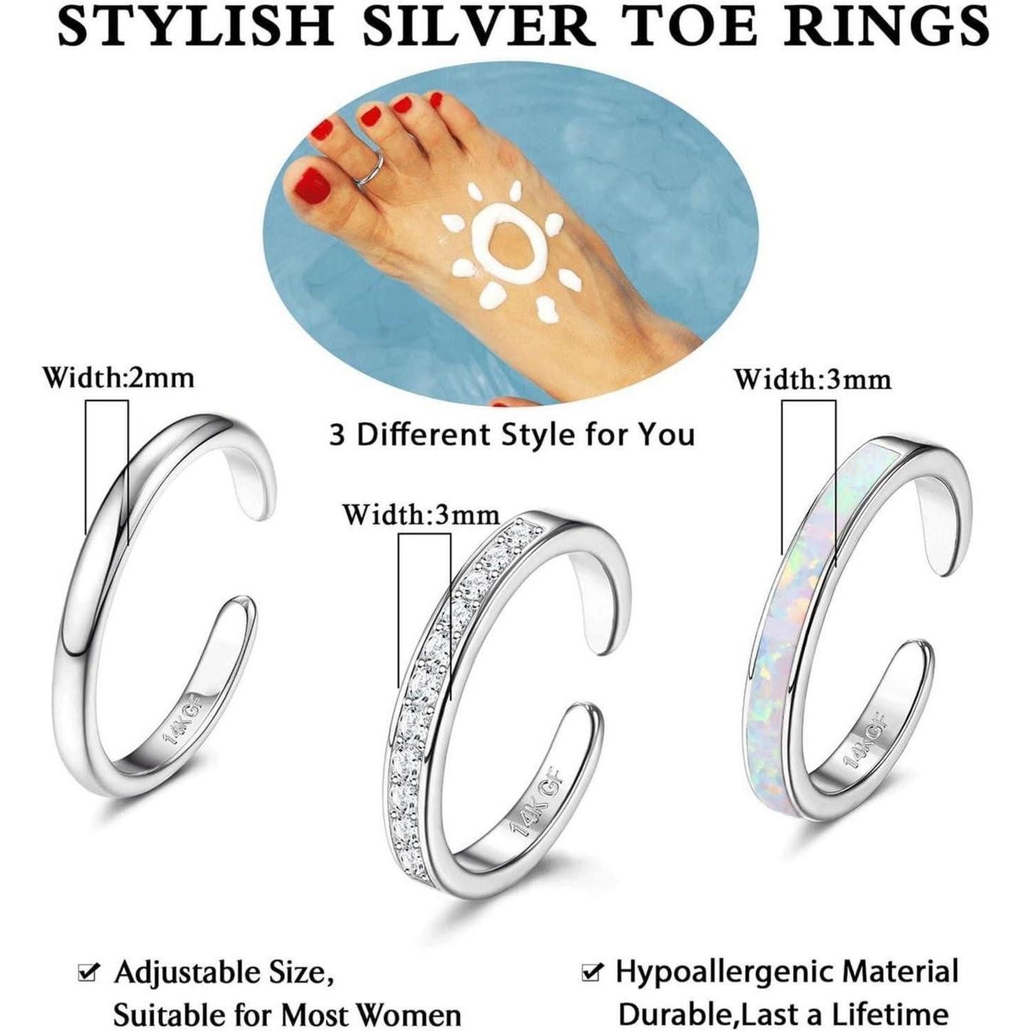 Diamday Zehenring Set 3PCS 14K Goldgefüllt Verstellbare Offen Zehenringe Set Opal CZ Blume