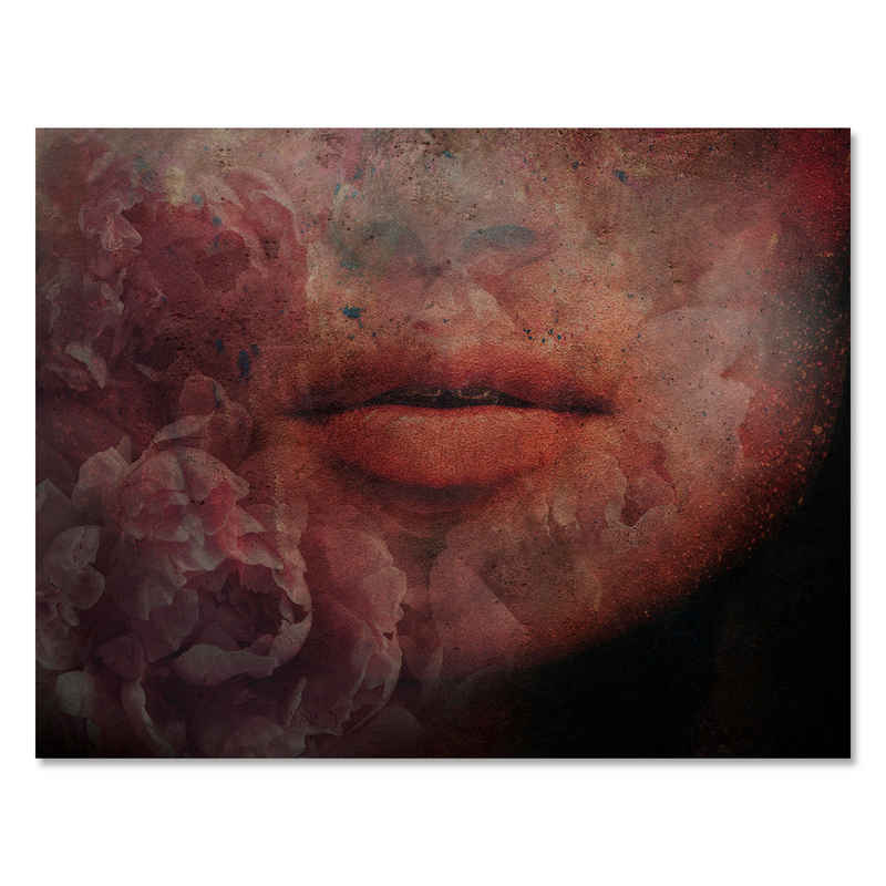 wandmotiv24 Leinwandbild Frauen-Lippen, Querformat, Lippen, Blumen, Beton, Lippen (1 St), Wandbild, Wanddeko, Leinwandbilder in versch. Größen