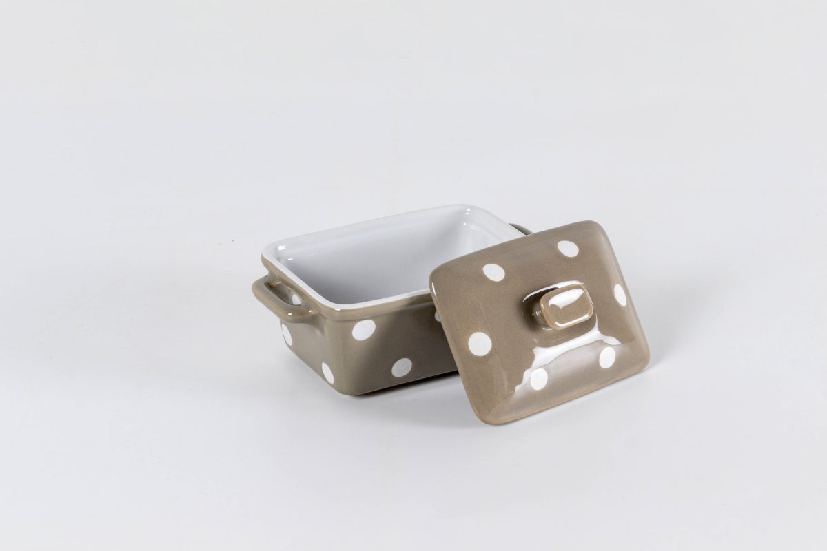 Isabelle Rose Butterdose Punkte Dots Herzen, (Backform, ca. 16,5 x 10 x 8 cm, mit Griffen und Deckel), handbemalt, ofenfest & geeignet für Mikrowelle, Spülmaschine